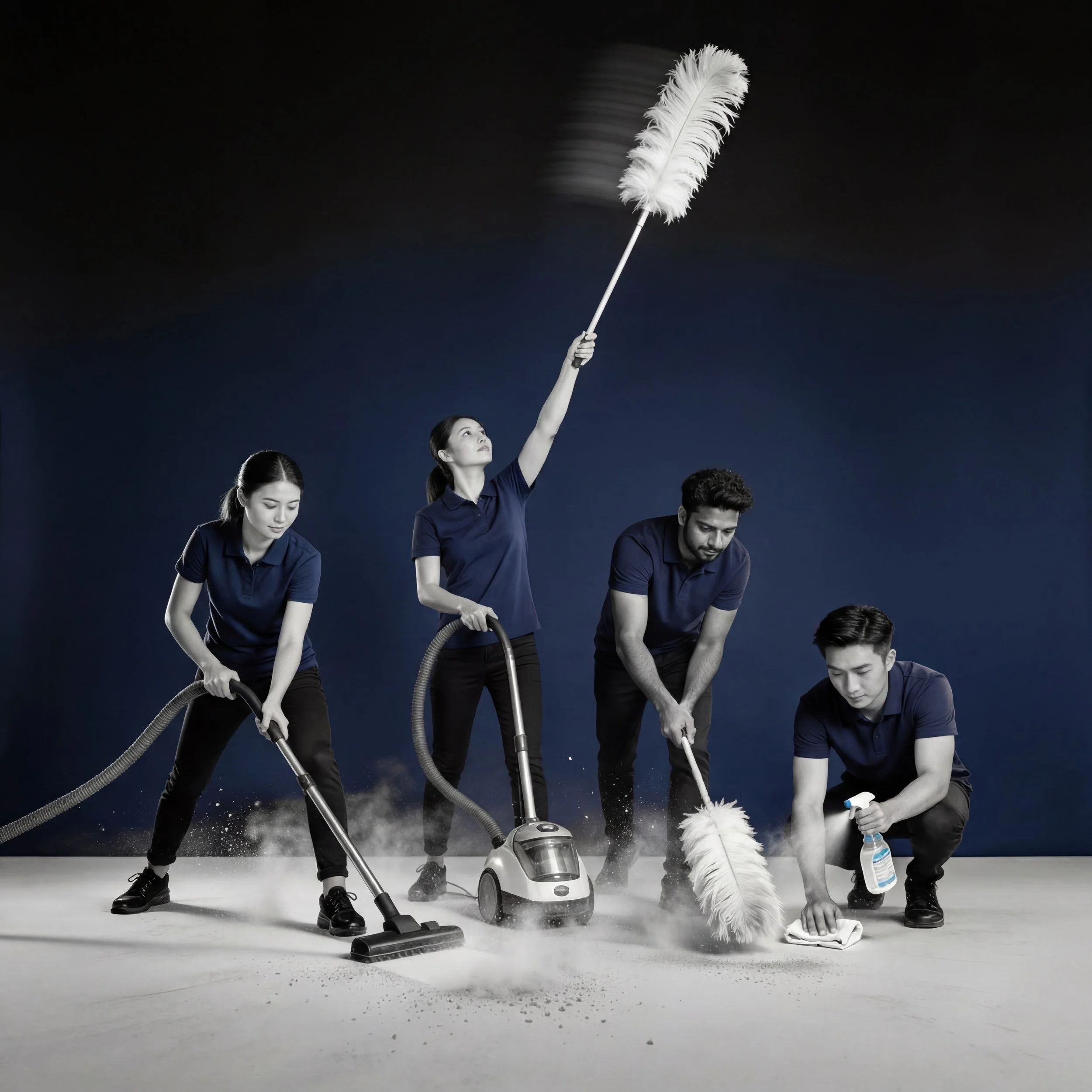 Four people dressed in navy blue uniforms cleaning a surface with cleaning tools, including vacuum, spray bottle, cloth, and feather duster, against a dark background.