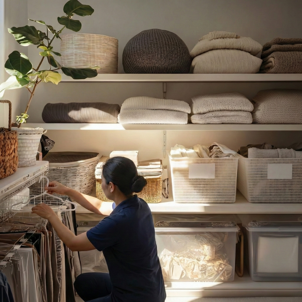 A woman tidying up items in a linen closet filled with neatly folded towels, baskets, and fabric bins, with sunlight illuminating the shelves.