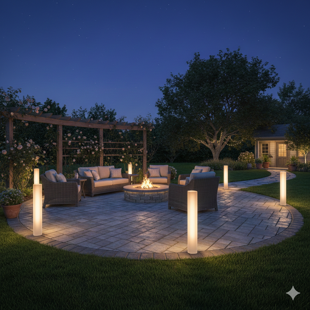 Night outdoor patio with fire pit, cushioned seating, and ambient lighting surrounded by trees and a garden.