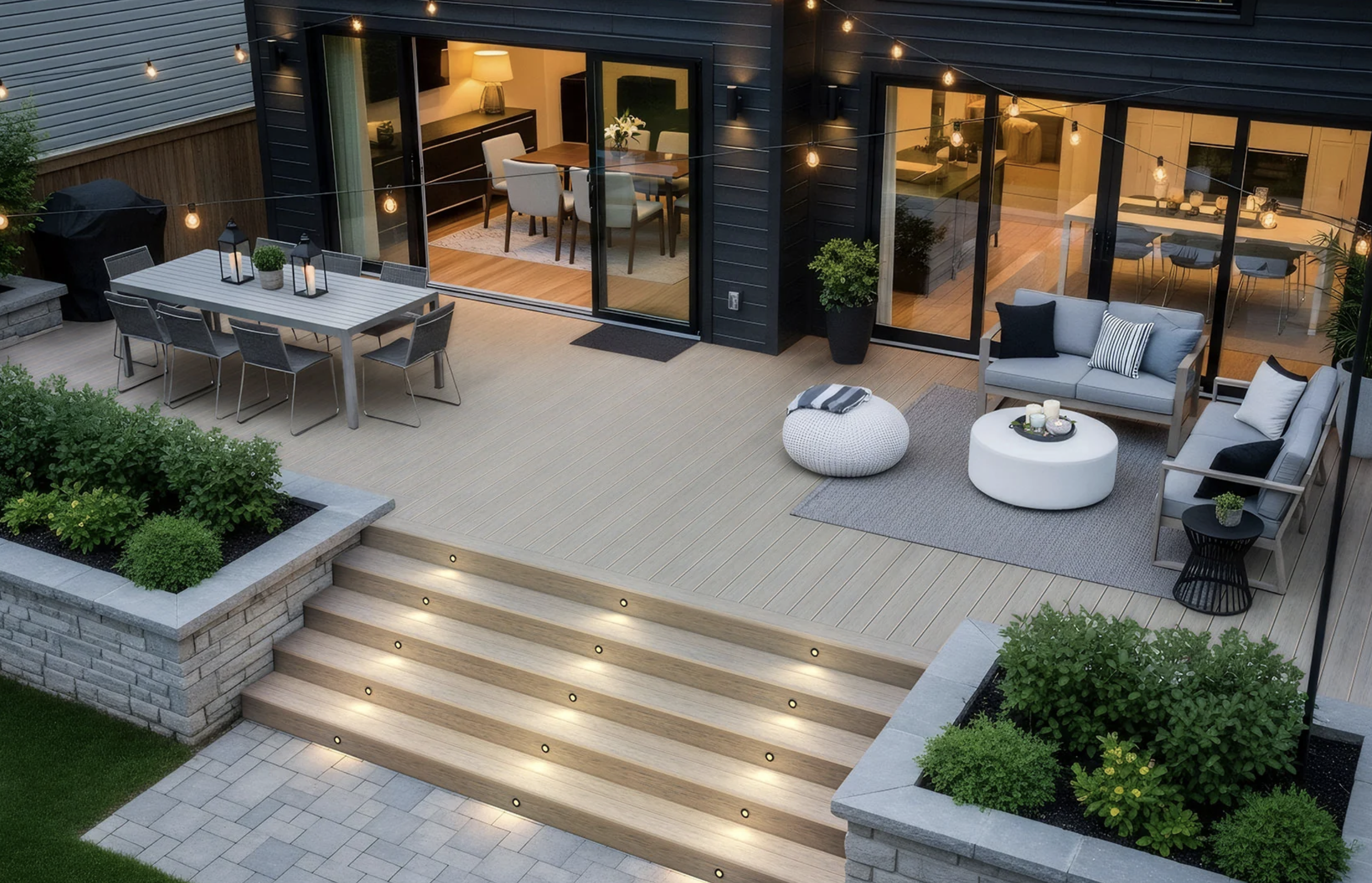 Outdoor deck area illuminated with riser lights, featuring patio furniture including couches, an ottoman, a dining table with chairs, and potted plants, with a view into a modern home interior through large glass sliding doors.