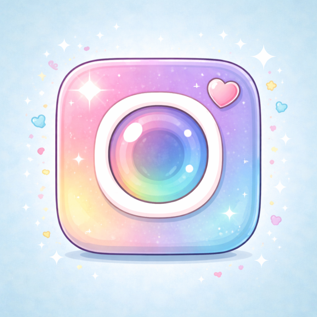 A colorful, cartoon-style illustration of a camera icon with a rainbow gradient, surrounded by sparkles, hearts, and stars, on a light blue background.