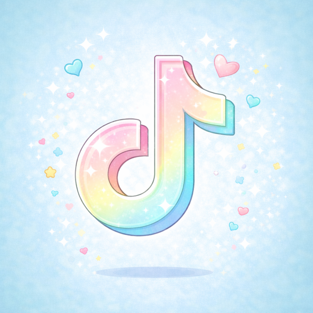 Colorful TikTok logo with pastel hearts, stars, and sparkles on a blue background.