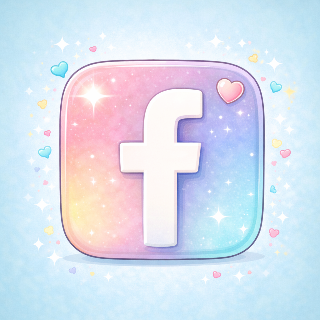 Digital illustration of the Facebook logo with a pastel rainbow background and scattered heart and star shapes.