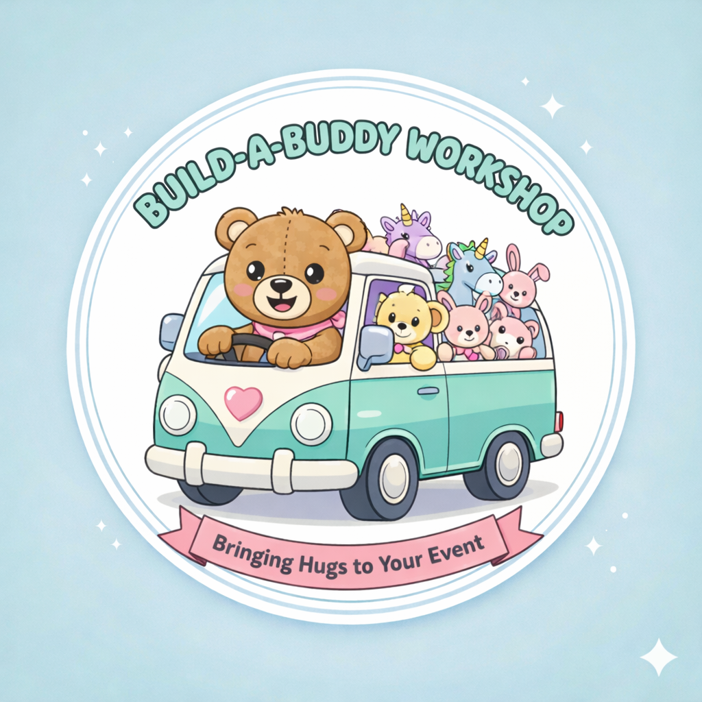 Cartoon bear and multiple cartoon animals riding in a teal and white Volkswagen van with a pink heart and a pink banner that says 'Bringing Hugs to Your Event', surrounded by text that reads 'Build-A-Buddy Workshop'.