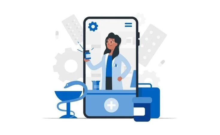 Illustration of a female scientist in a lab coat holding a test tube, visible through a smartphone screen, with laboratory equipment like a microscope and chemicals surrounding her.