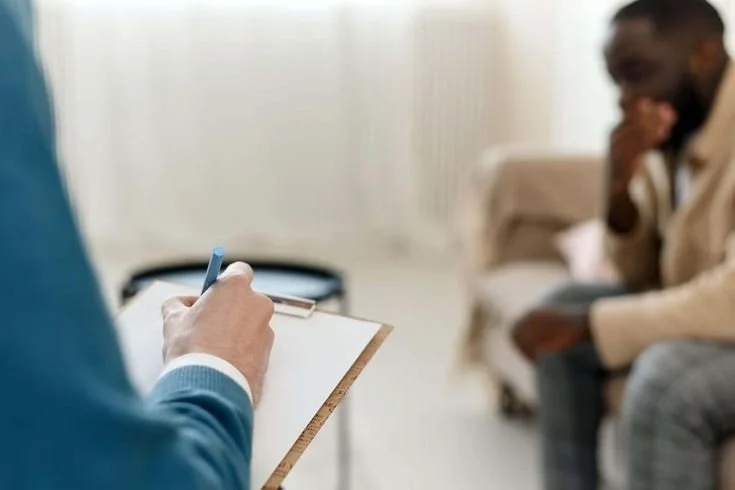 A therapist taking notes during a counseling session with a client sitting on a couch.
