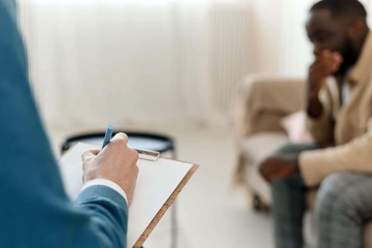 A therapist taking notes on a clipboard during a therapy session with a client sitting on a sofa.