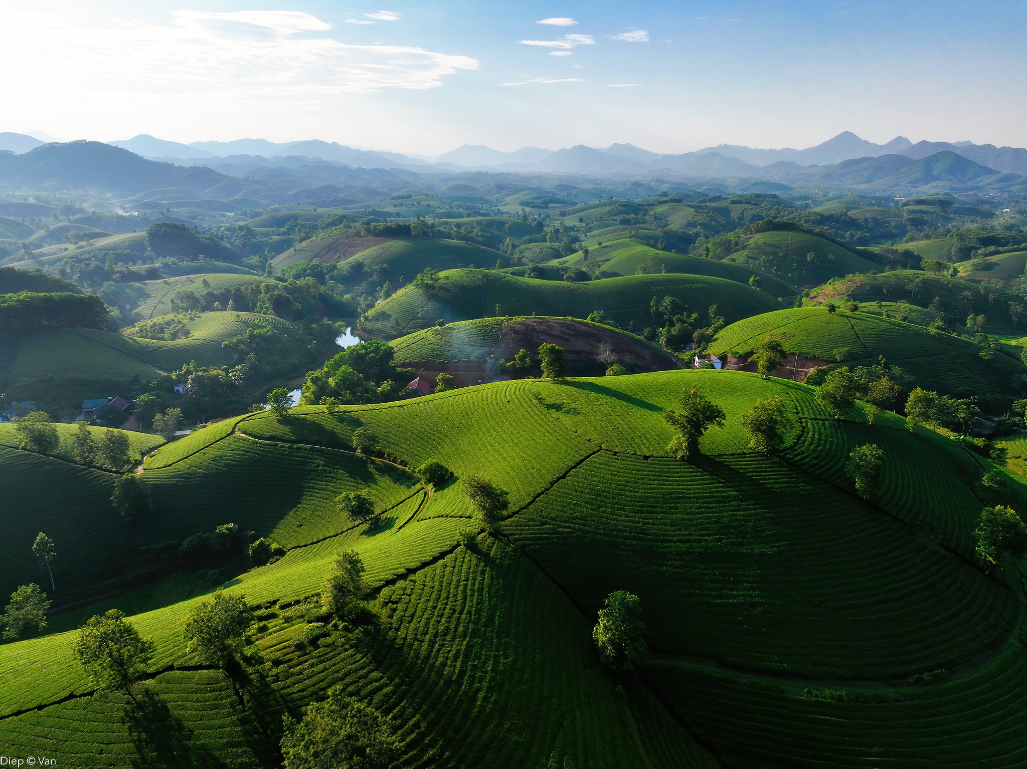 Lush green rolling hills with scattered trees and small farms, distant mountains under a partly cloudy sky.