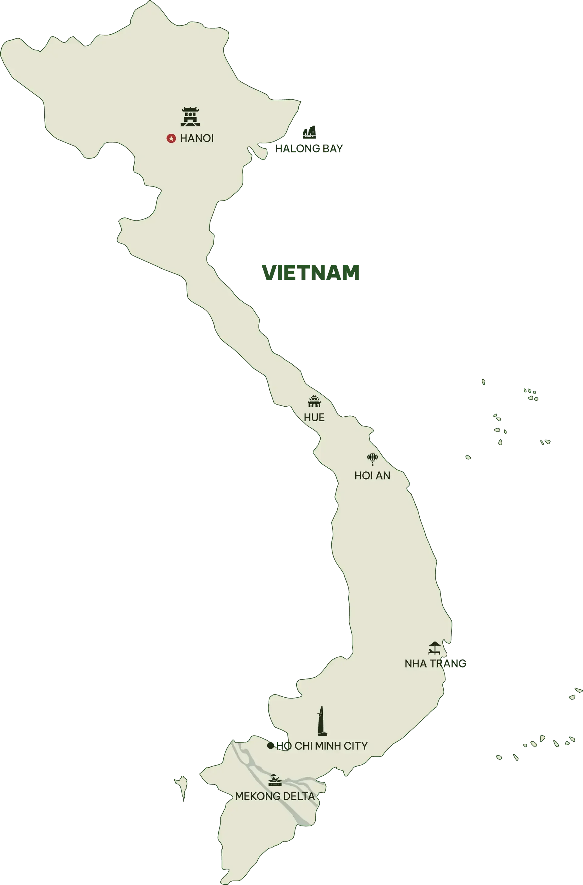 Map of Vietnam showing major cities including Hanoi, Hue, Hoi An, Nha Trang, Ho Chi Minh City, Mekong Delta, and the surrounding islands.