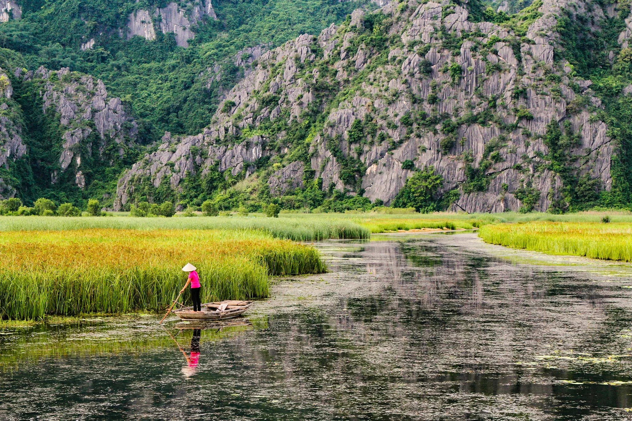 A person in pink clothing and a traditional Asian conical hat is standing on a small boat in a river surrounded by green marshland with tall grass, with rocky green mountains in the background.