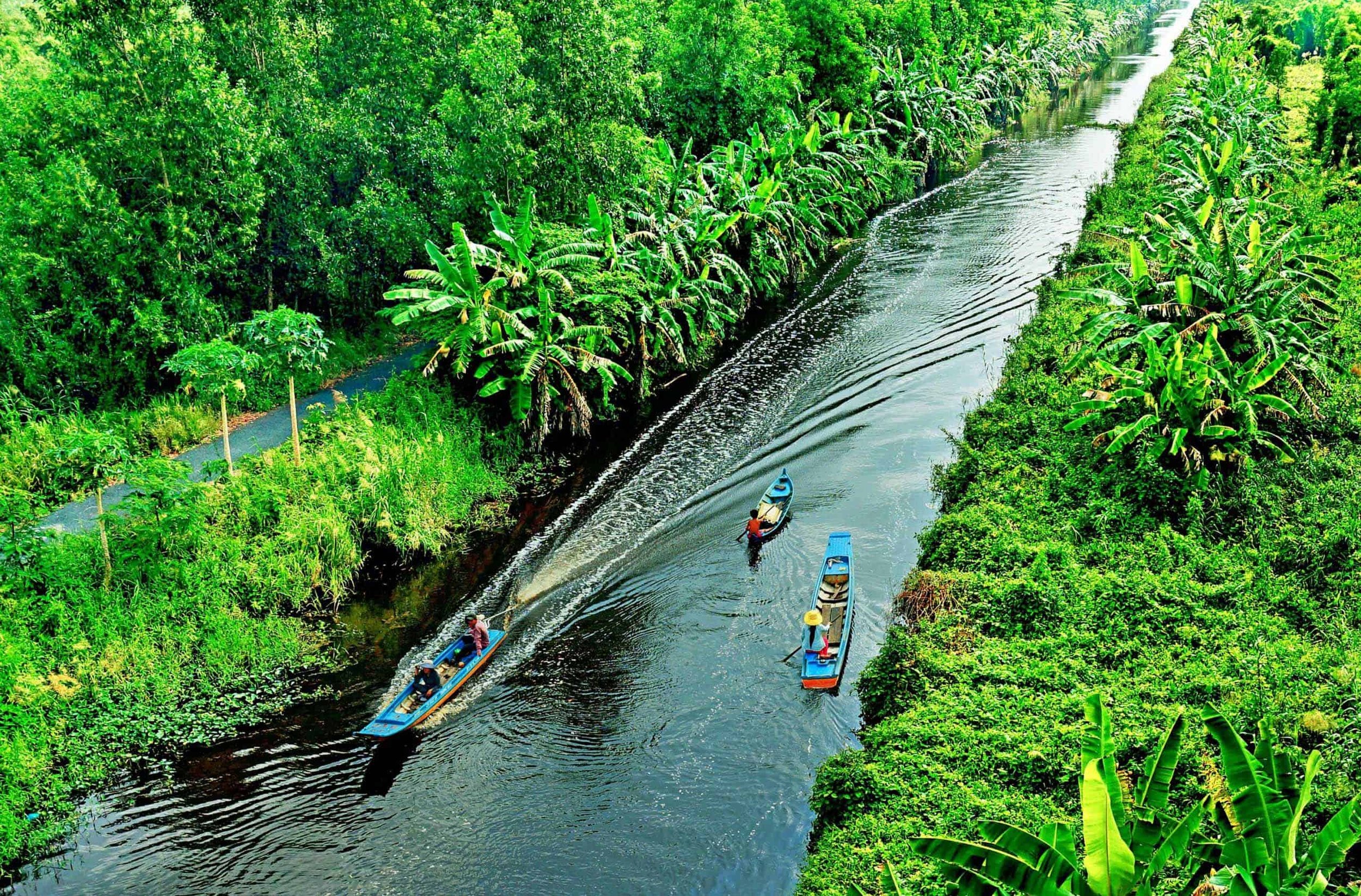 Three people in boats navigating through a lush green river surrounded by abundant tropical vegetation.