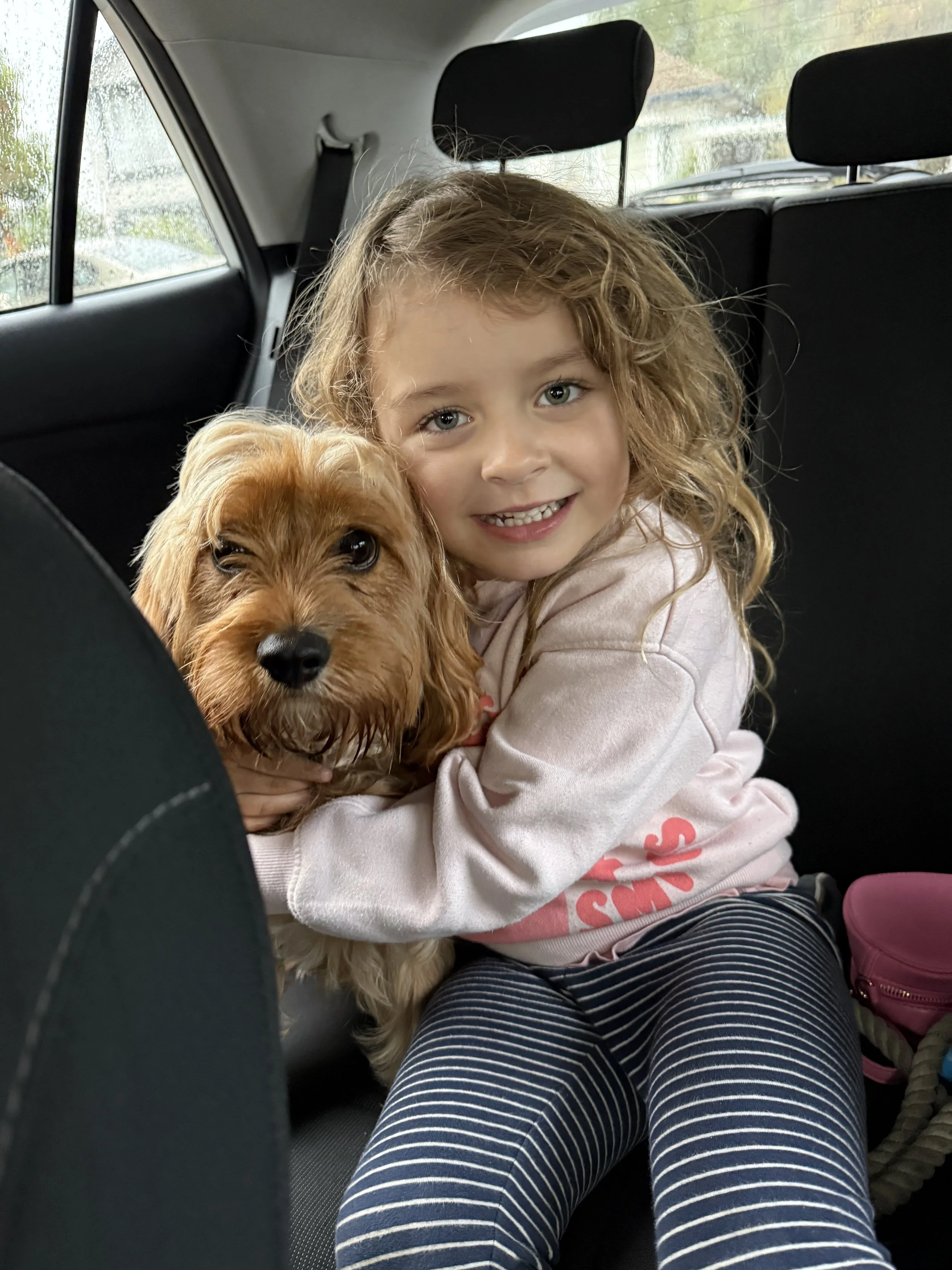 A young girl with curly blonde hair smiling while hugging a small brown dog inside a car.
