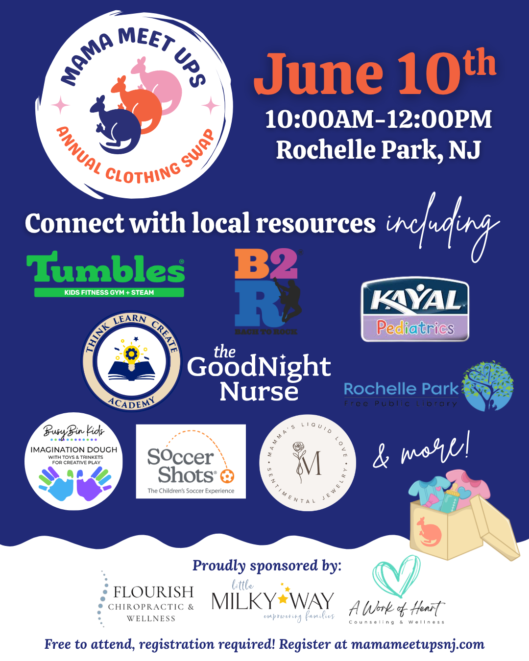 Tumbles, Bach 2 Rock, Kayal Pediatrics, Think Learn Create Academy, the GoodNight Nurse, Rochelle Park Library, Busy Bin Kids, Soccer Shots, Mamma's Liquid Love, A Work of Heart Counseling, Little Milky Way, Flourish Chiropractic