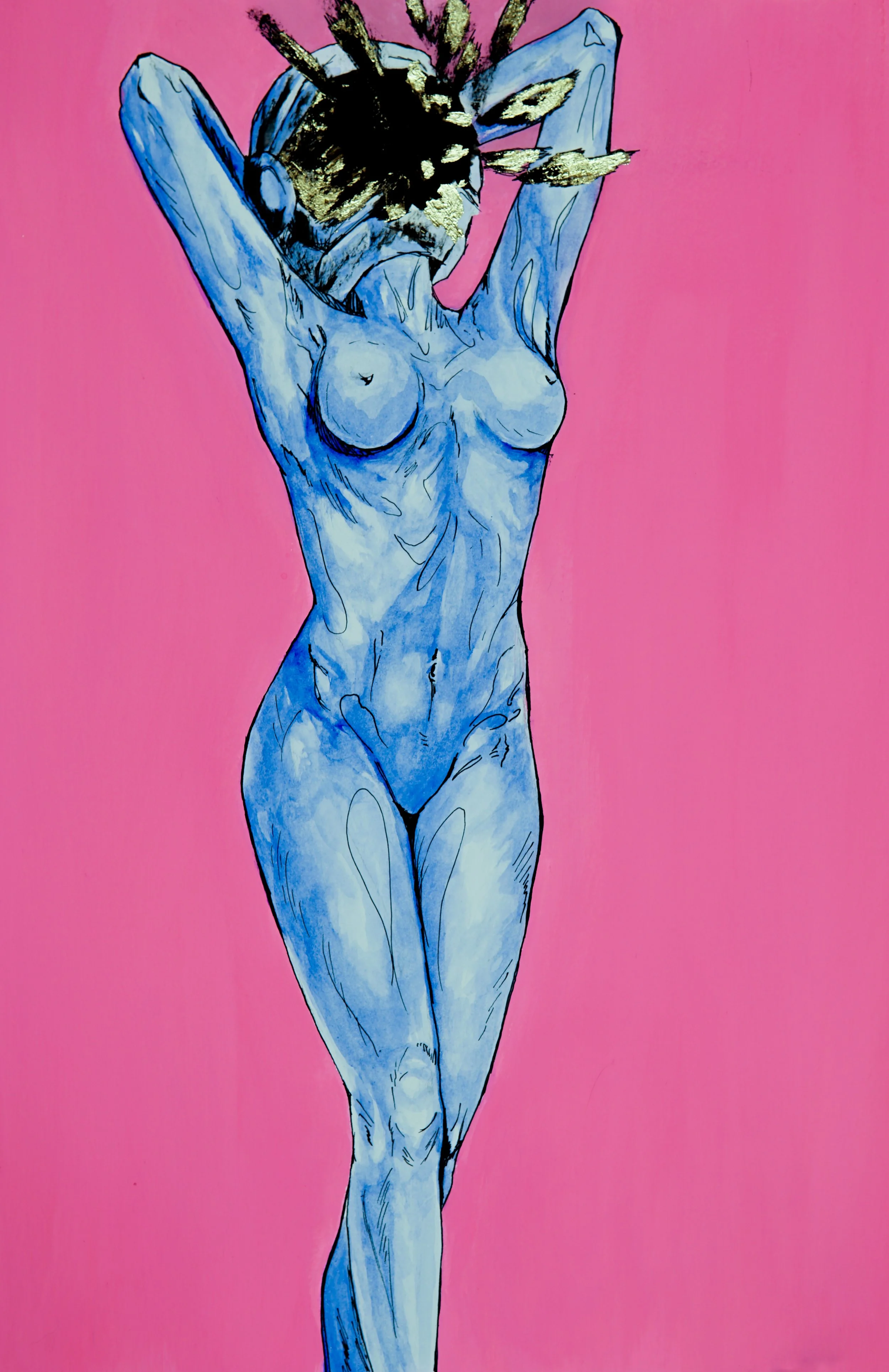 painting of an Astronaut woman wearing only a helmet in blue with a hot pink background