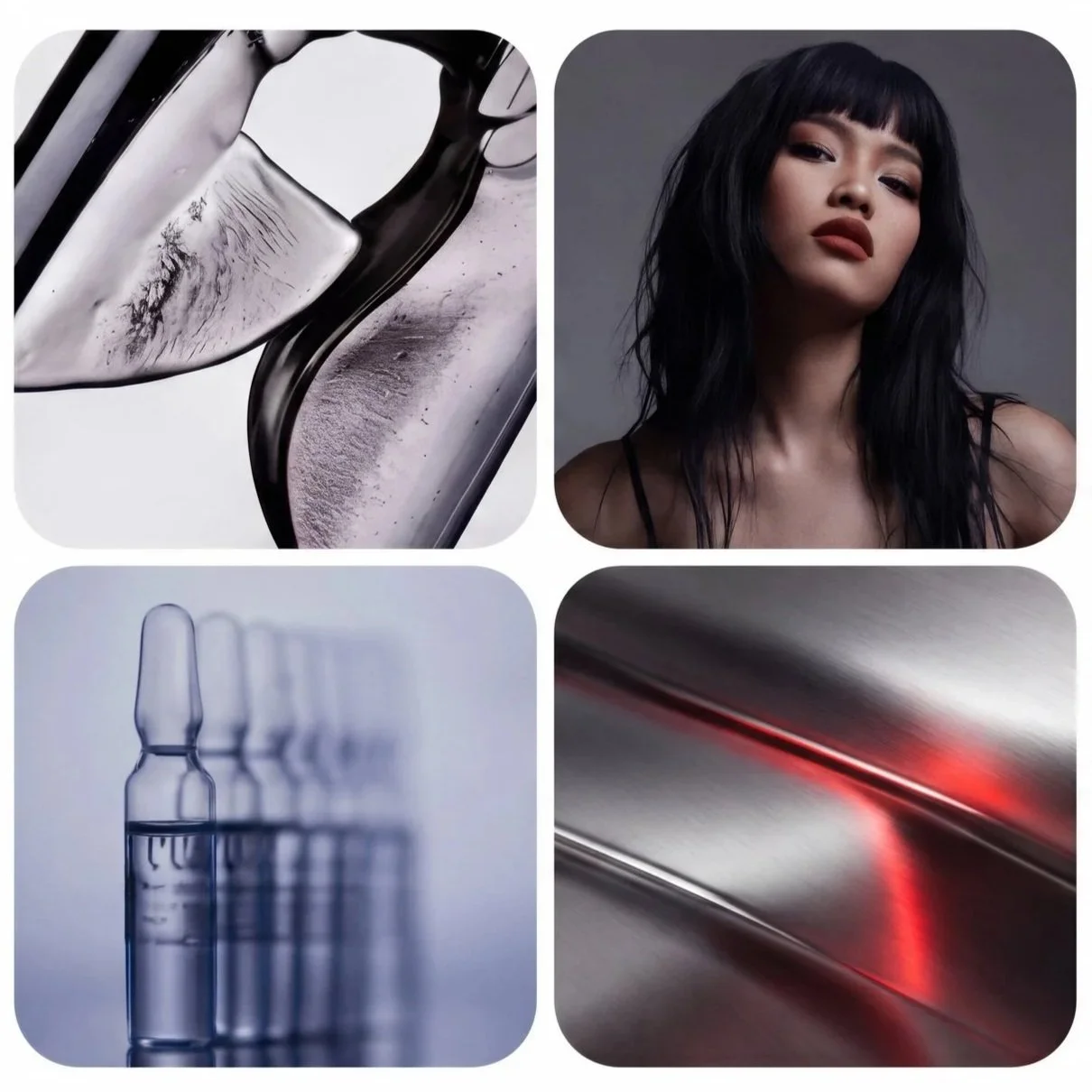 Collage of four images: close-up of a metallic razor blade, portrait of a woman with dark hair and makeup, medical ampoules, and a close-up of a metallic surface with red light reflection.