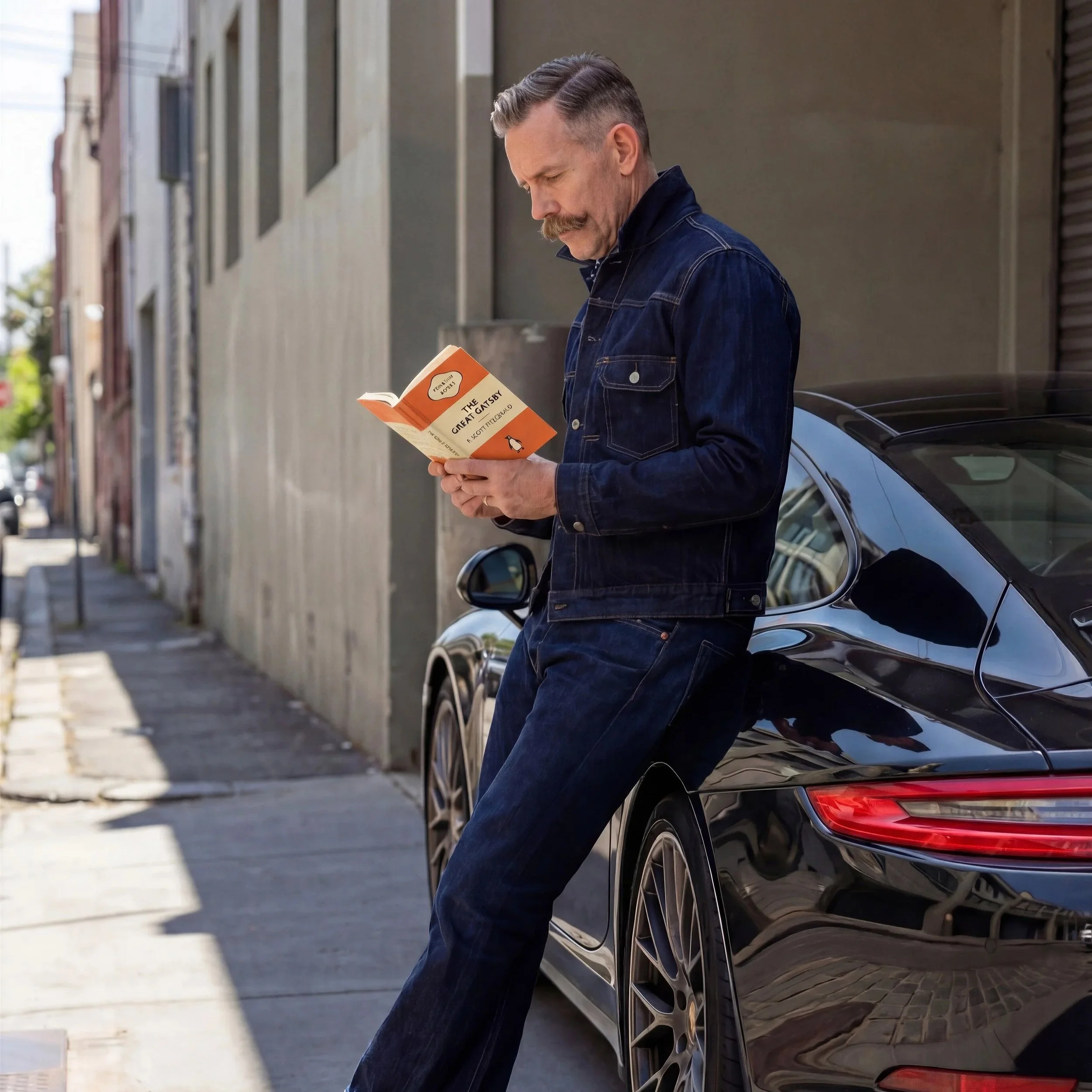A man with a mustache and short, slicked-back hair reading a book titled "The Great Gatsby" while standing next to a parked black car on a city street.