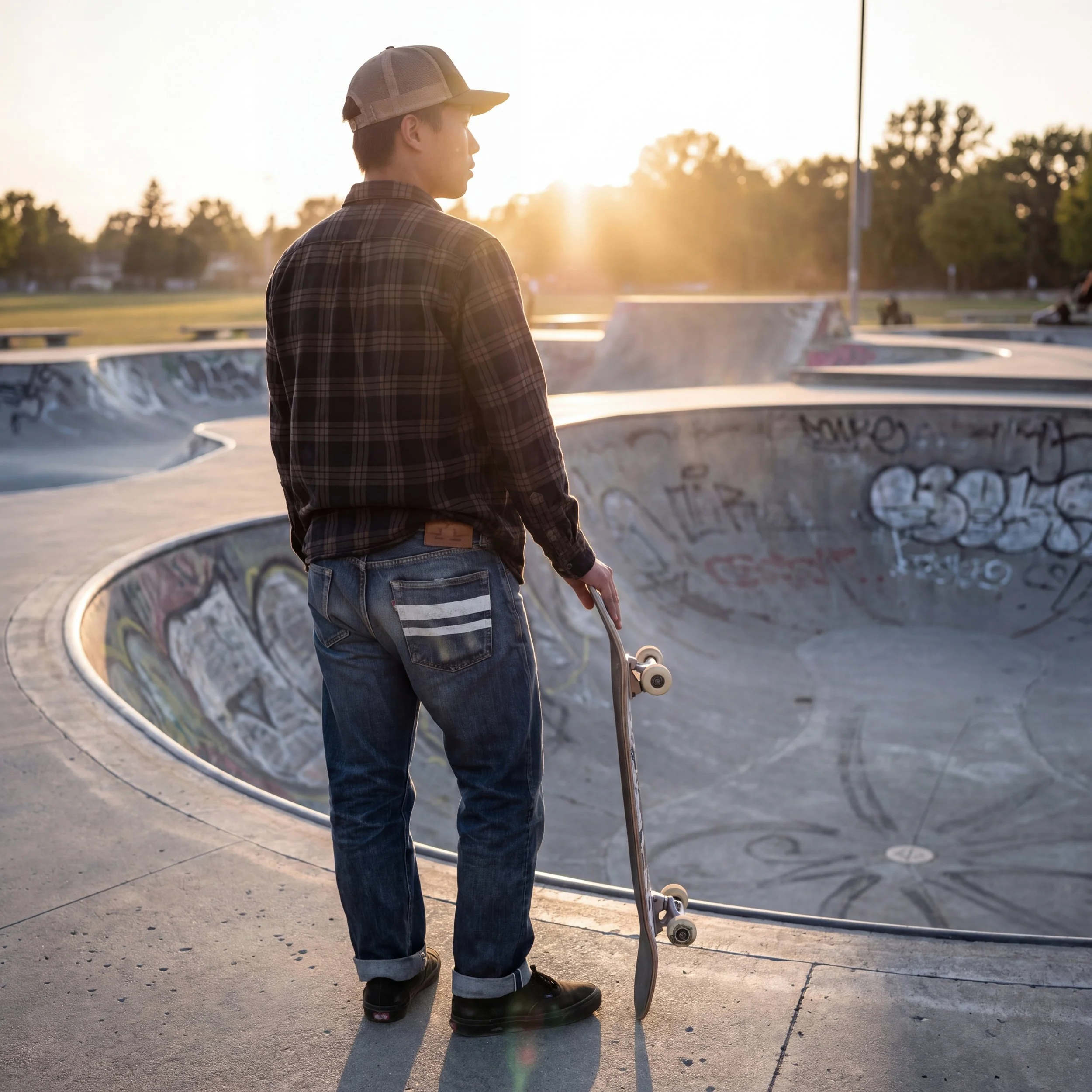 A young man wearing a hat and plaid shirt with rolled-up jeans, holding a skateboard, standing near skatepark ramps at sunset.