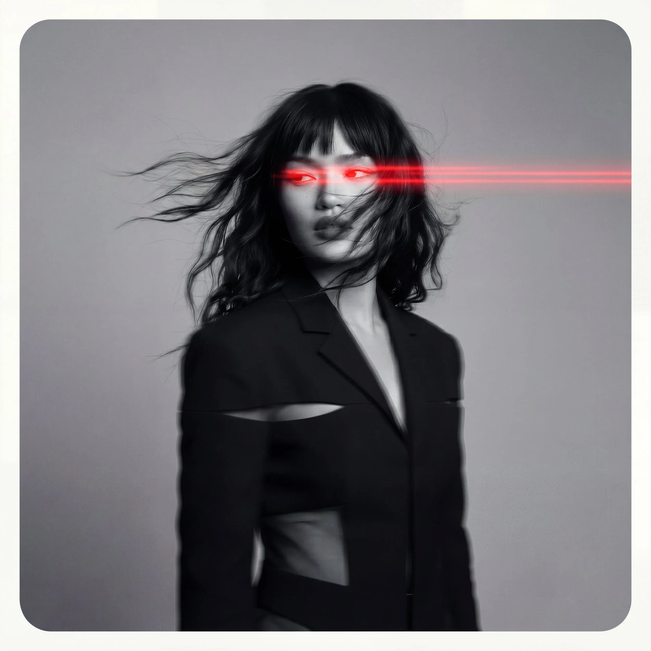 Black and white portrait of a woman with long wavy hair, wearing a dark blazer, and red laser-like light beams crossing her eyes.