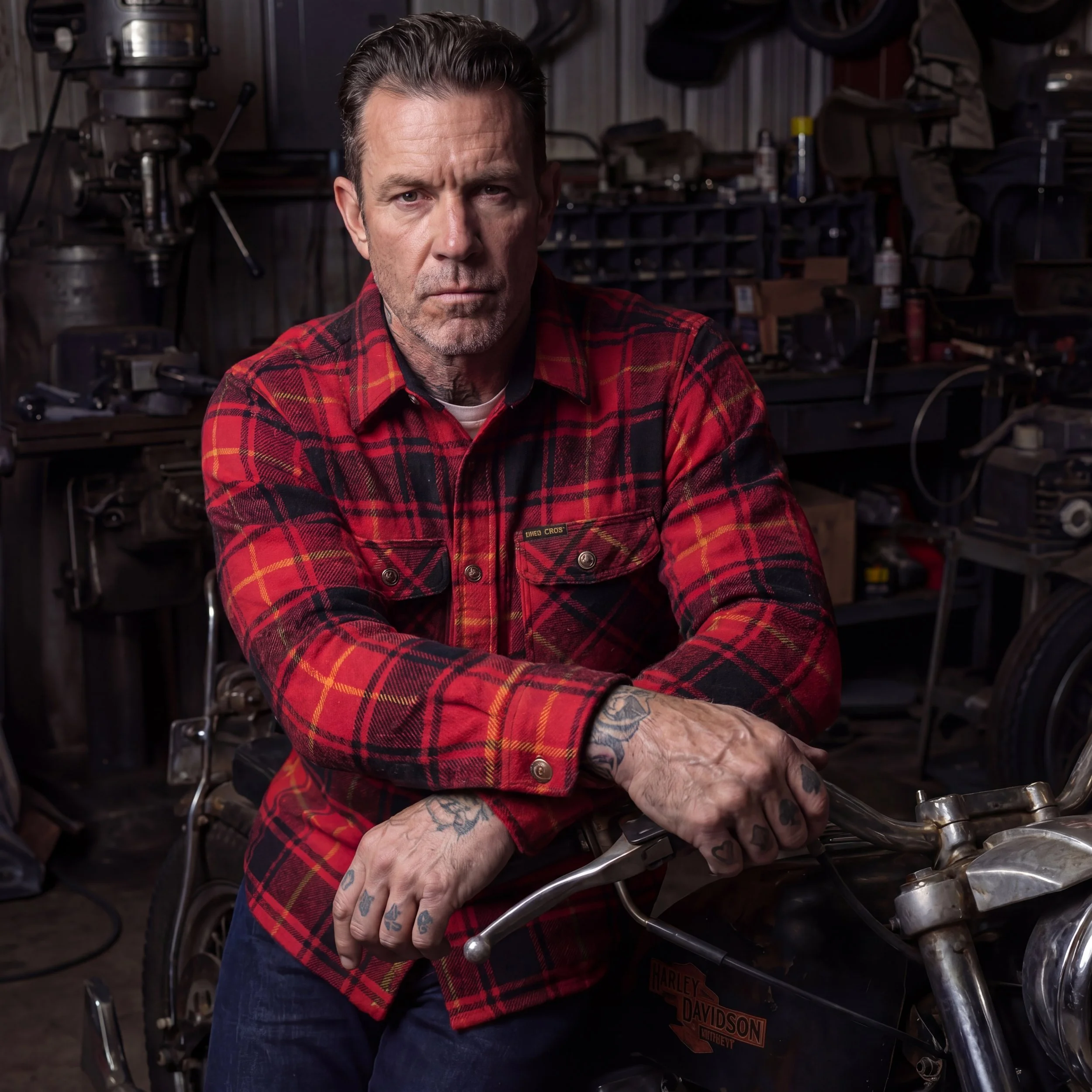 A man with tattoos on his hands, wearing a red plaid shirt, is sitting on a motorcycle in a workshop. He has short, dark hair and a serious expression. The background includes various tools and equipment on shelves.