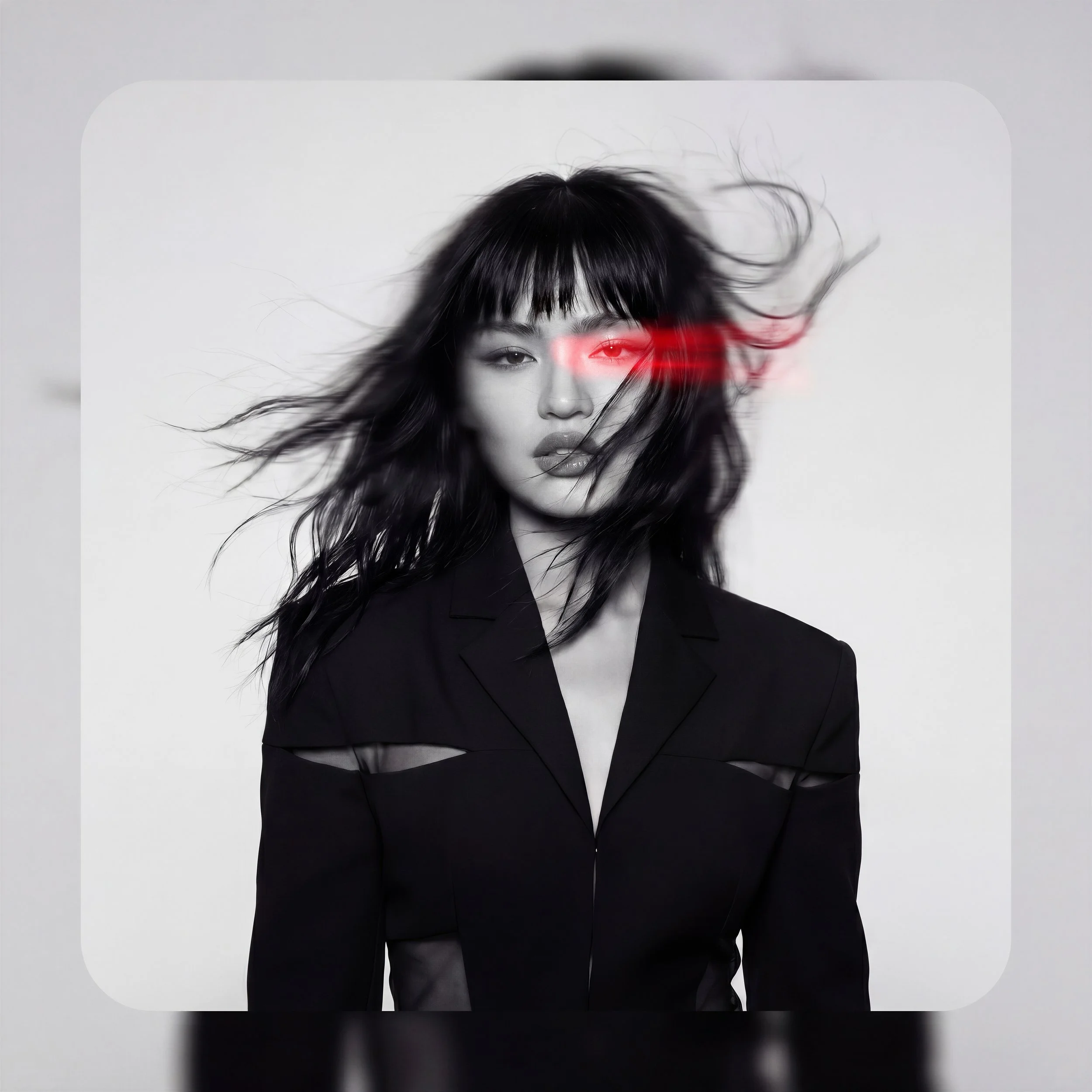 A monochrome portrait of a woman with long, flowing black hair, wearing a black blazer. She has a serious expression, and there is a red laser-like line across her eyes.