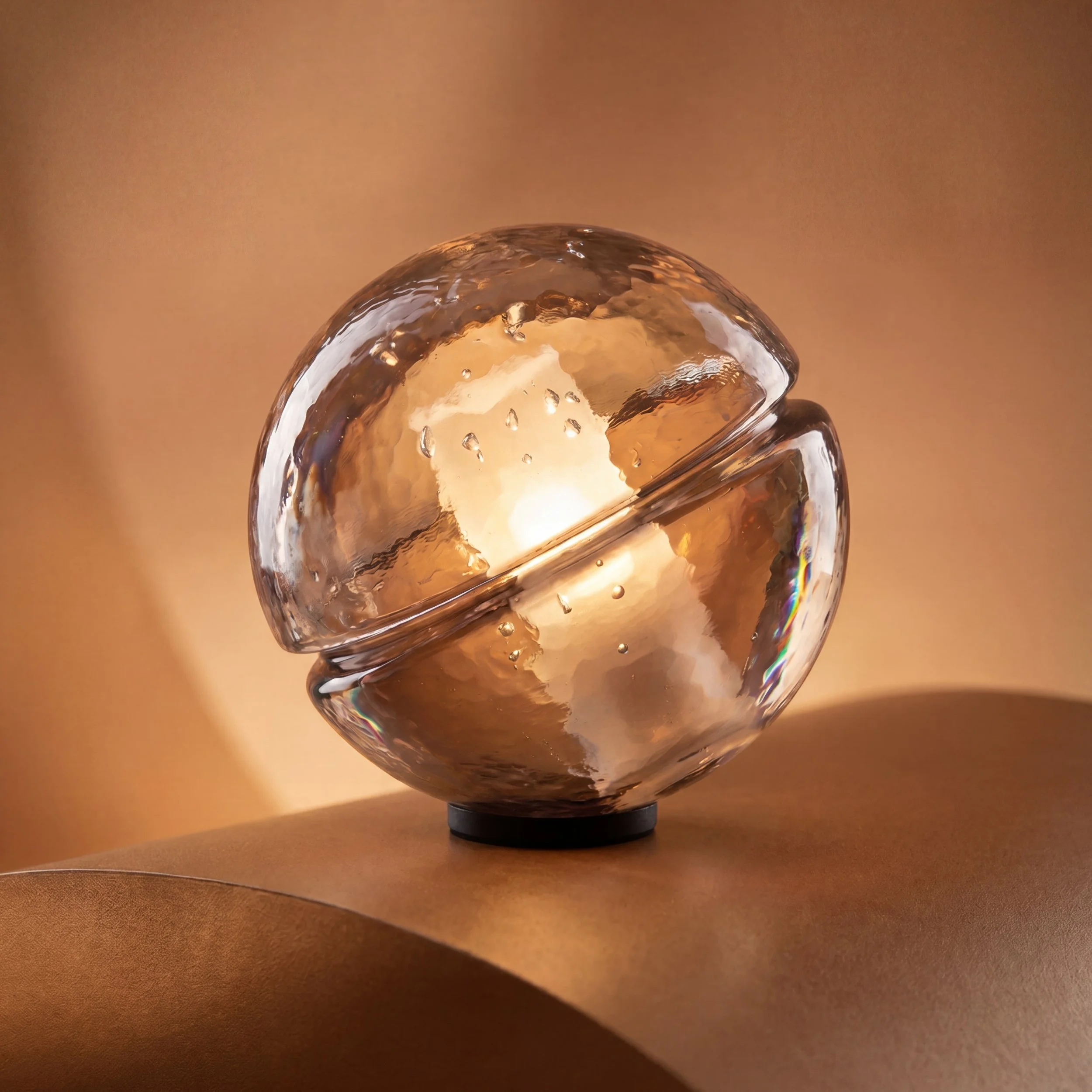 Close-up of a transparent glass art sculpture with a smooth rounded surface, placed on a dark base, against a brown background.
