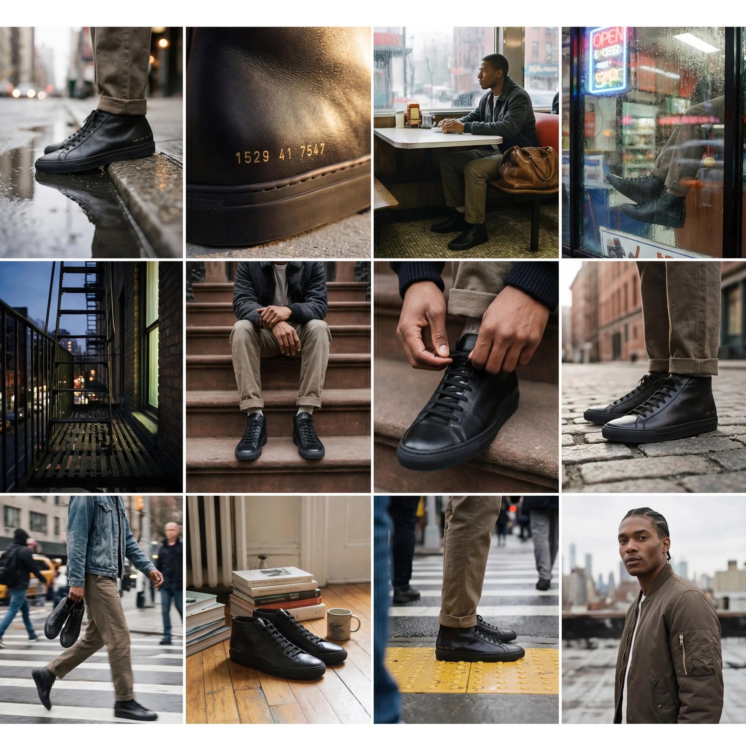 Collection of photos featuring black high-top sneakers in urban settings, including close-ups of the shoes, a man sitting at a dining table, a person walking across a street, and the shoes displayed behind a glass door.