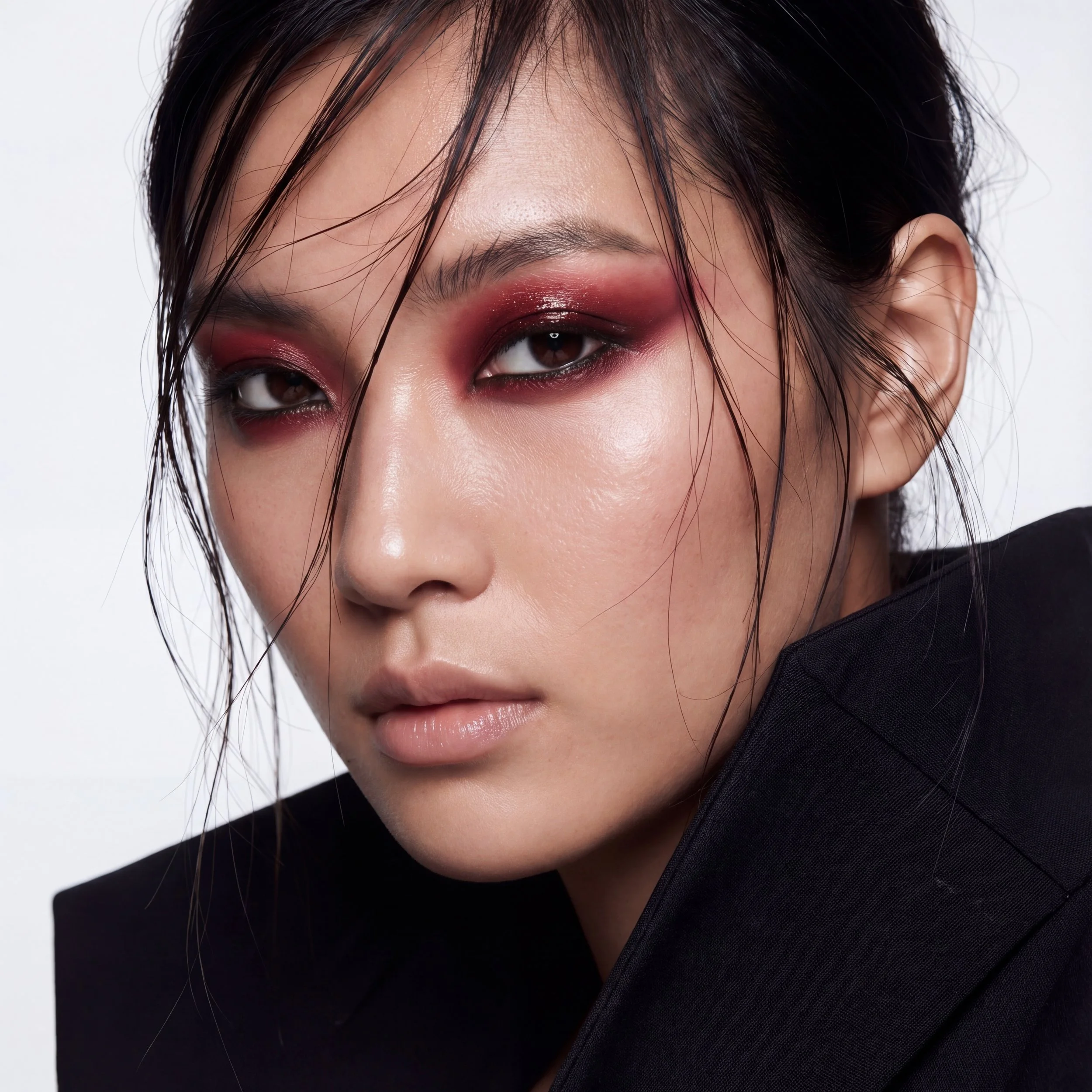 Close-up of a woman's face with wet black hair, red and pink makeup around her eyes, and black clothing.