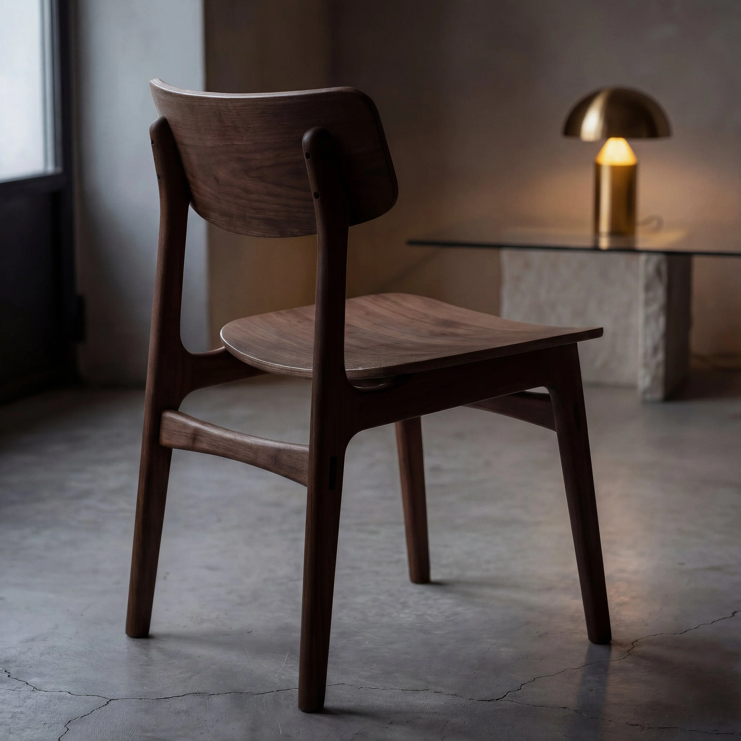 A wooden chair with a curved backrest and four sturdy legs, placed on a cracked concrete floor, with a table lamp in the background emitting warm light.