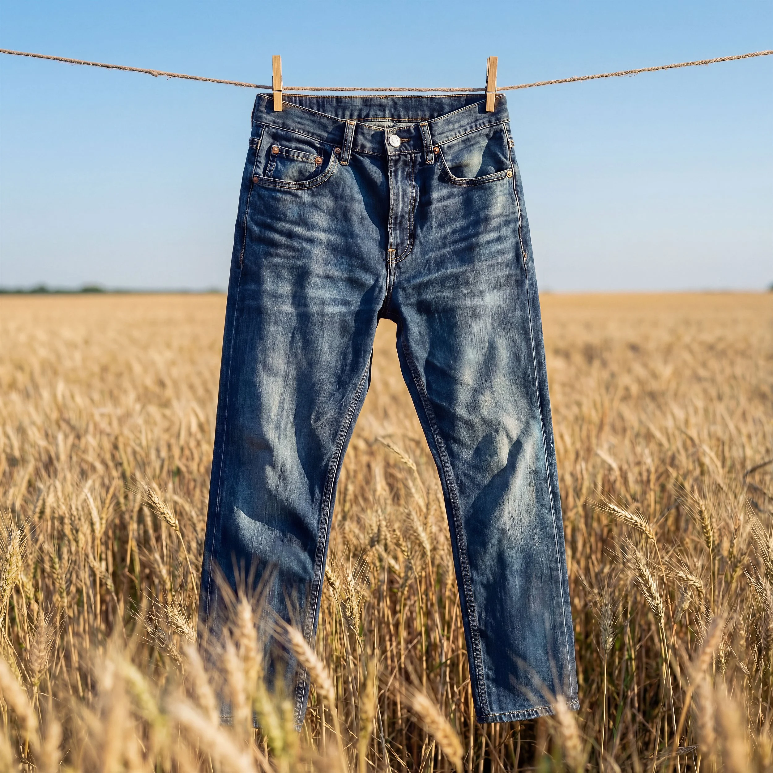 A pair of denim jeans hanging on a clothesline in a field of wheat with a clear blue sky in the background.