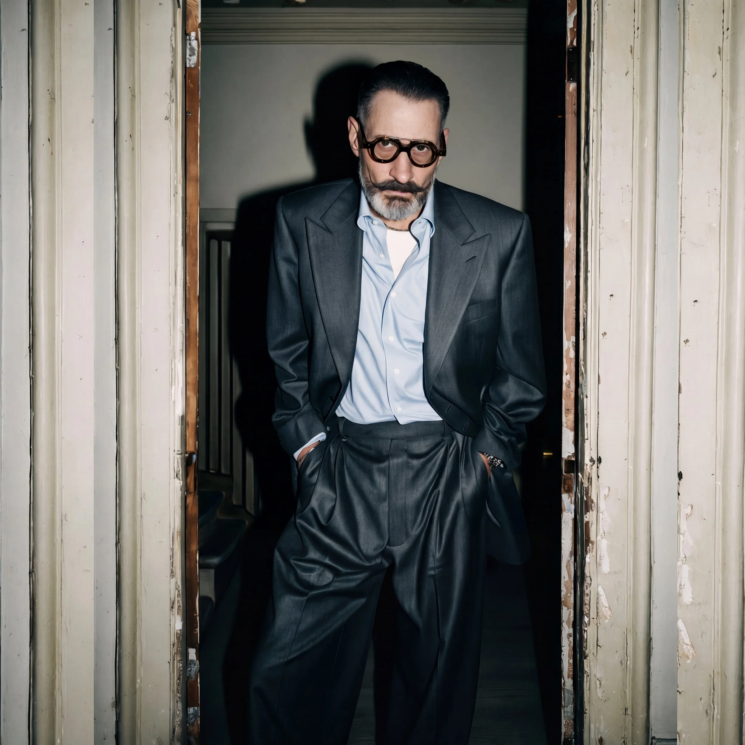 A man with dark hair, a beard, and glasses wearing a dark suit, standing in a doorway with worn, white, vertical siding.
