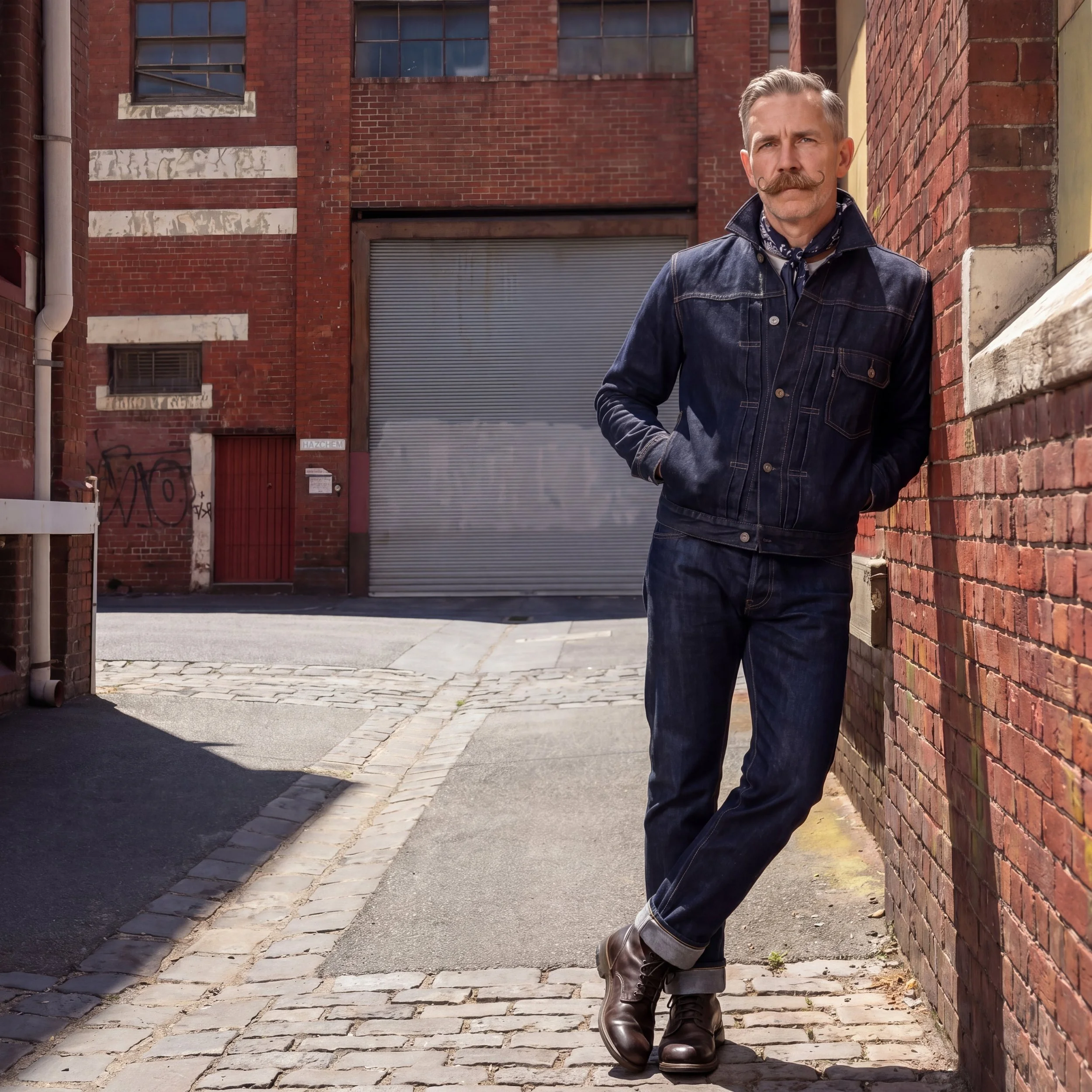A man with a styled gray haircut and a handlebar mustache standing in an urban alleyway, leaning against a red brick wall, wearing a denim jacket and dark jeans, with a bandana around his neck, with brick buildings and a metal garage door in the back