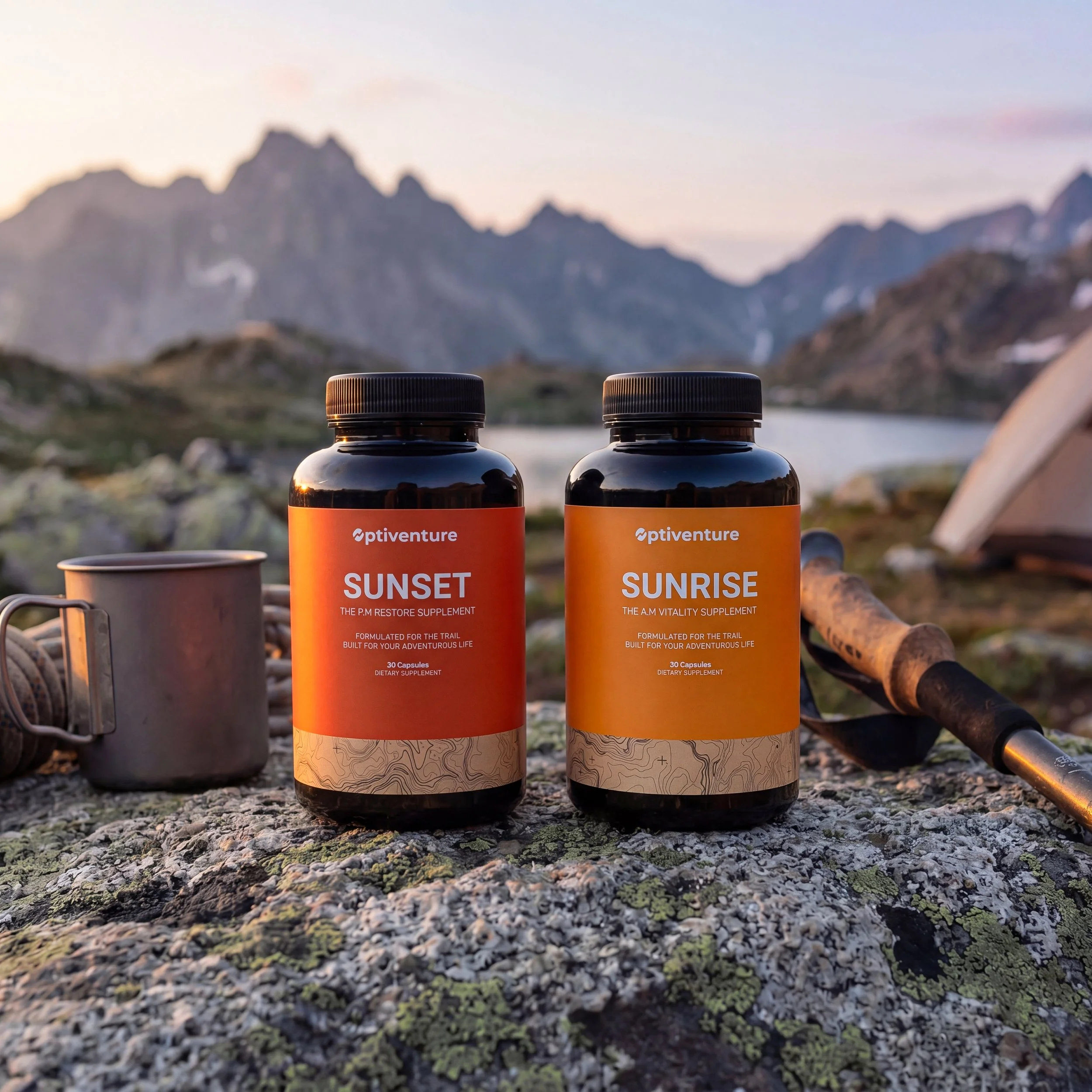 Two bottles of supplement labeled 'Sunset' and 'Sunrise' placed on a rock, with mountainous landscape and a body of water in the background during sunset or sunrise.