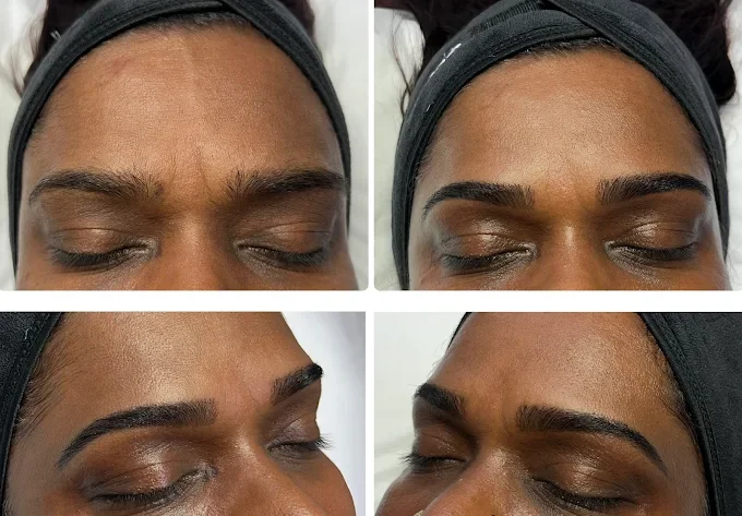 Close-up of a woman's face showing before and after eyebrow enhancement, with her eyes closed in each shot.