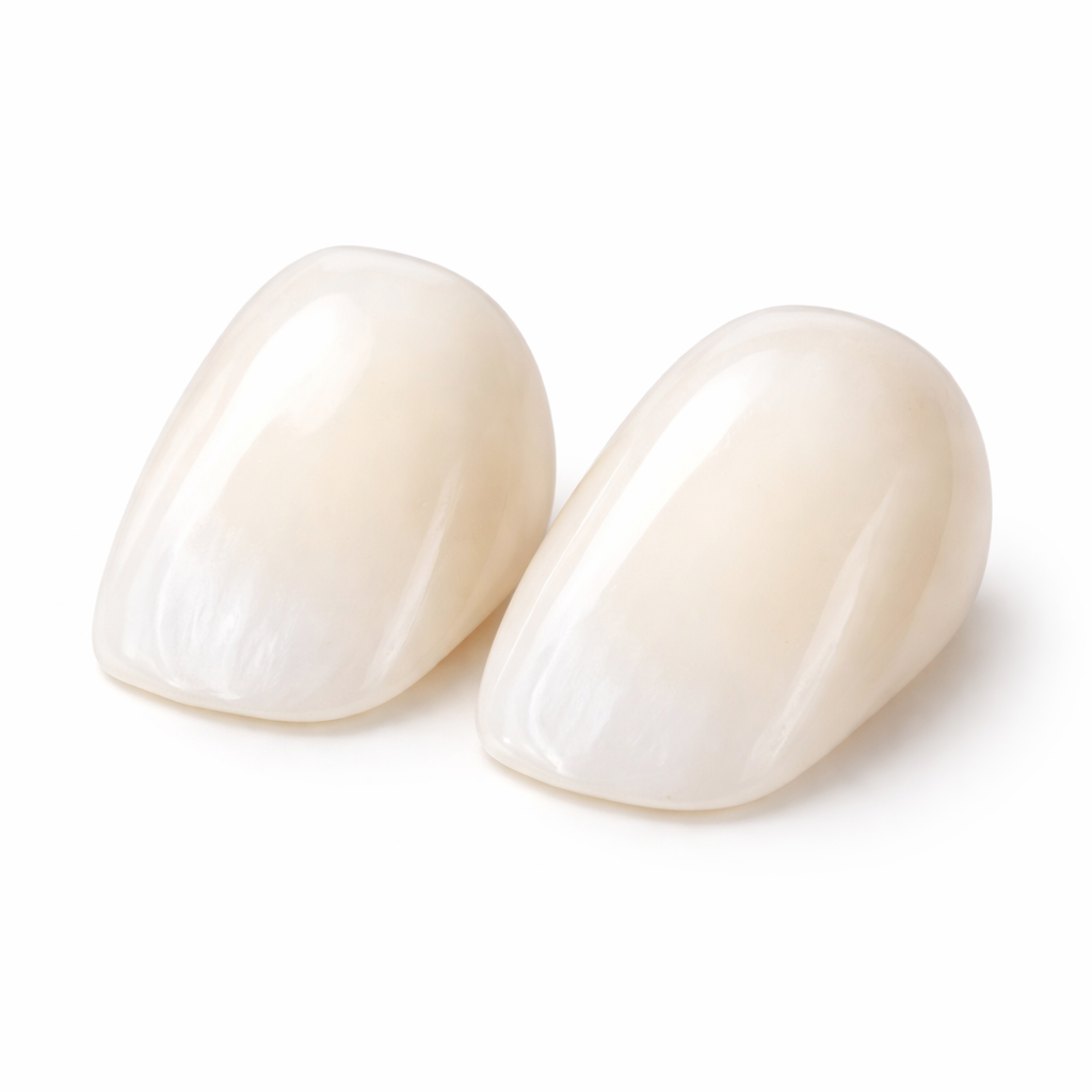 Two white artificial nails with a glossy finish