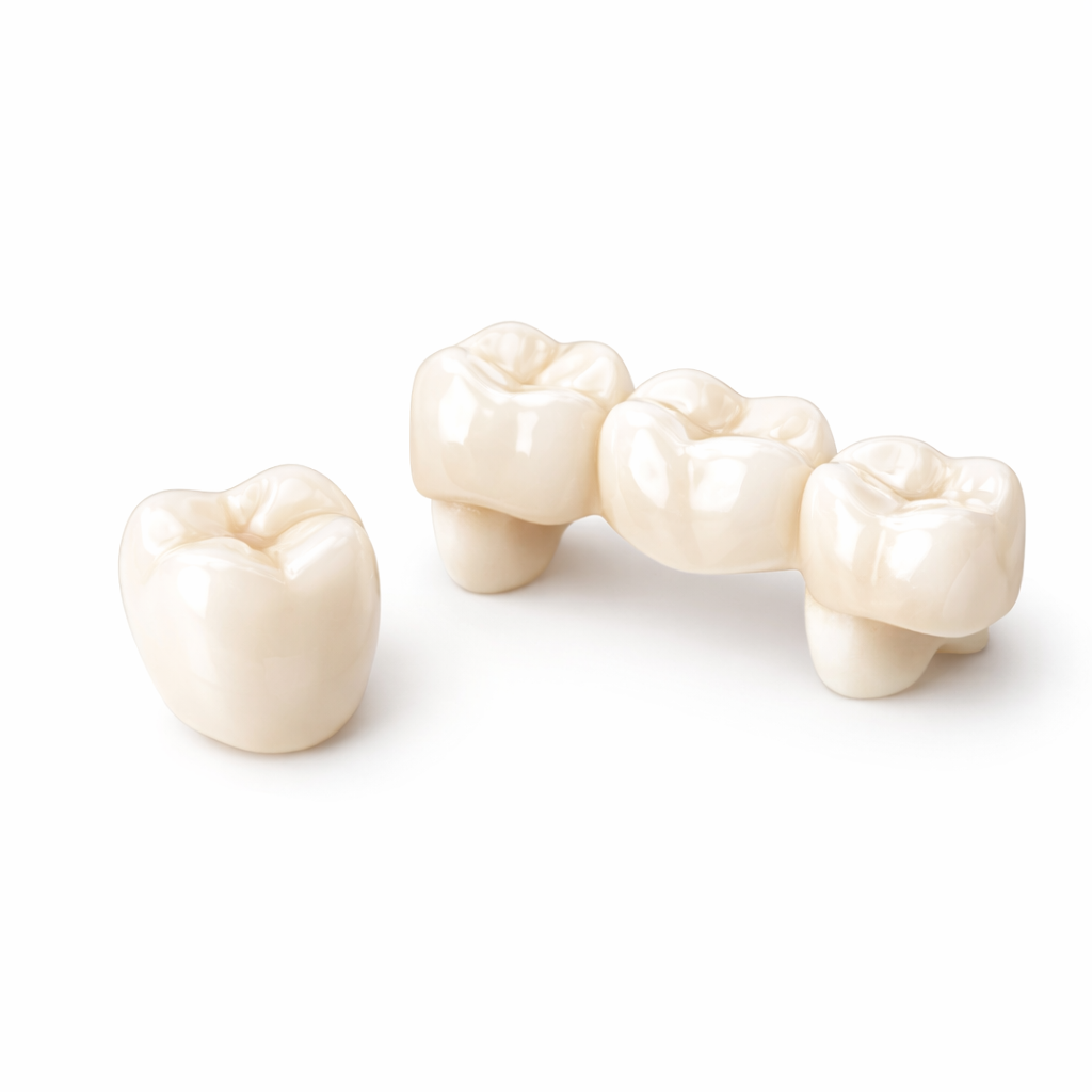 Three dental crowns, two attached to dental bridges and one separate, made of porcelain or similar material, on a white background.