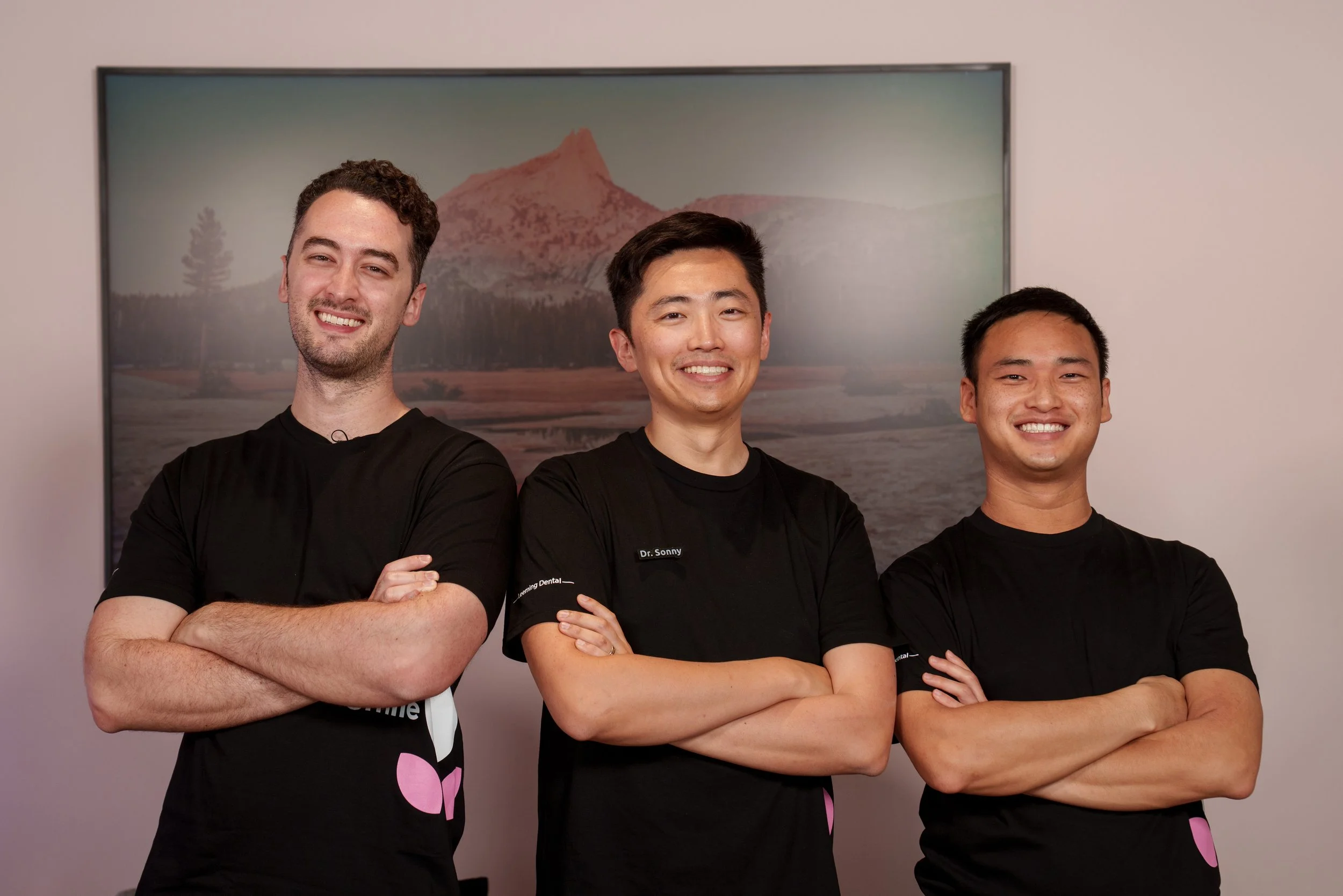 Three men standing together with crossed arms, smiling, wearing black shirts. Behind them is a framed landscape picture of a mountain and forest. The man in the center has a name tag that reads 'Dr. Sonny'.