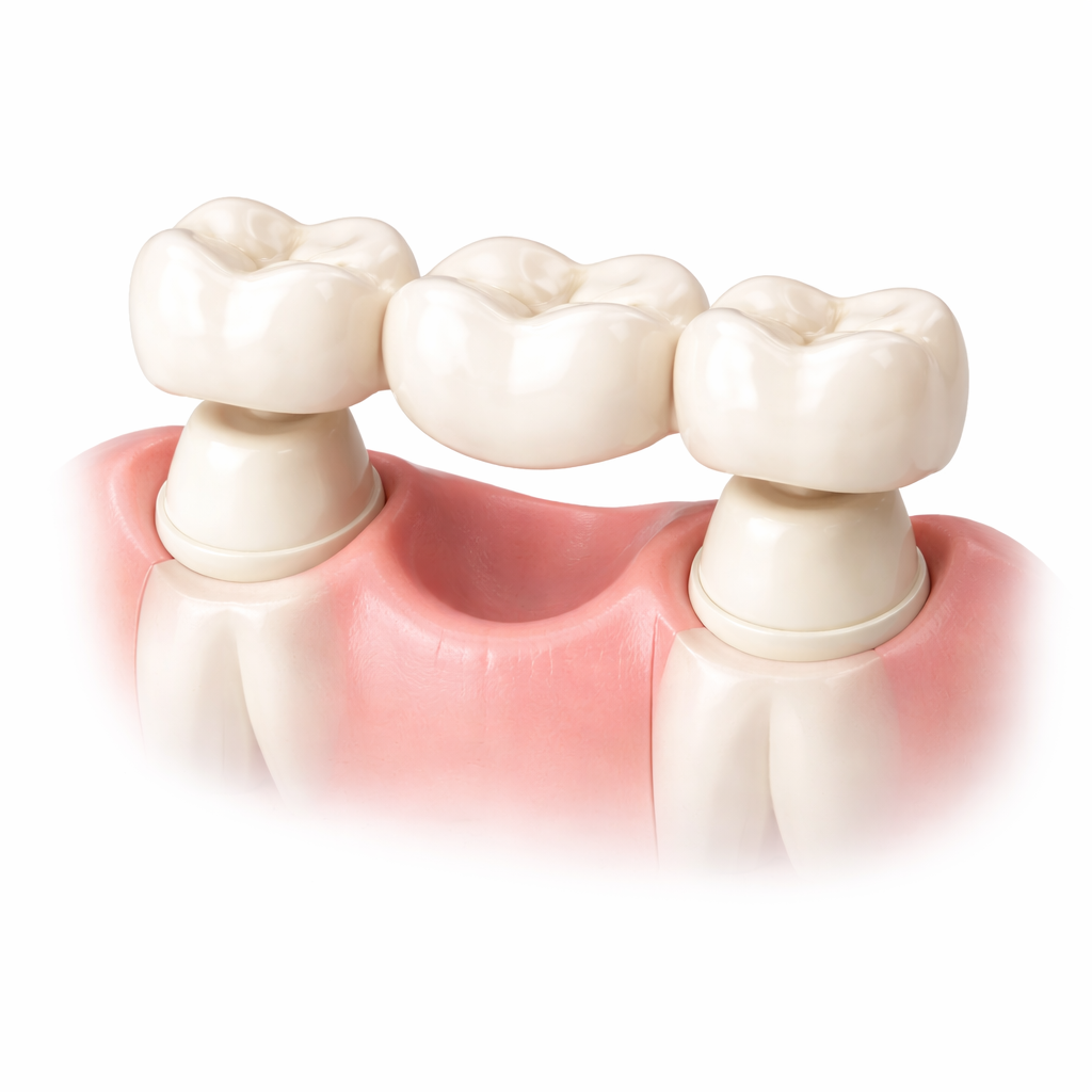Dental bridge replacement with three artificial teeth connected to dental implants on a pink gum model.