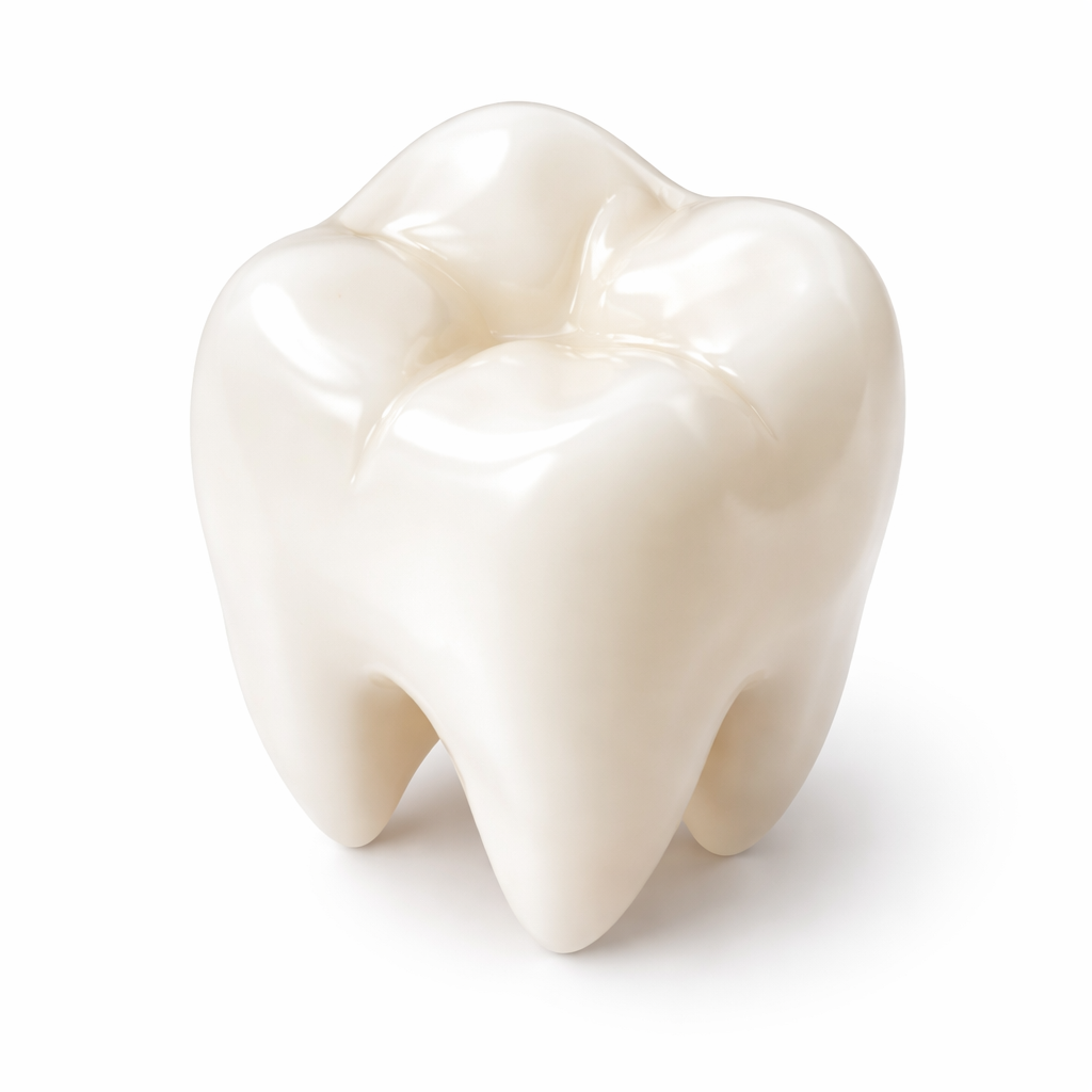 A realistic model of a tooth with smooth, shiny white surface