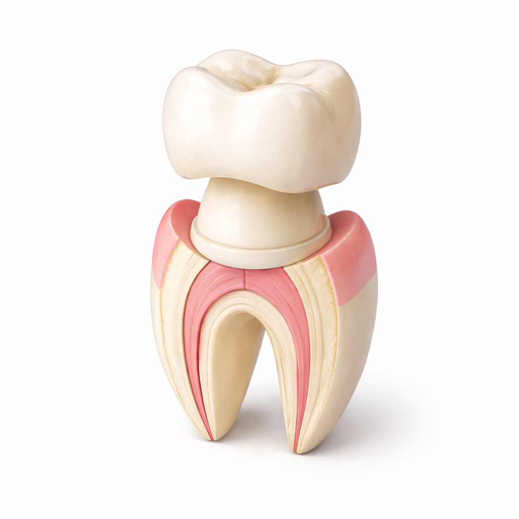 A detailed anatomical model of a human molar tooth showing the outer enamel, inner pulp chamber, and roots.