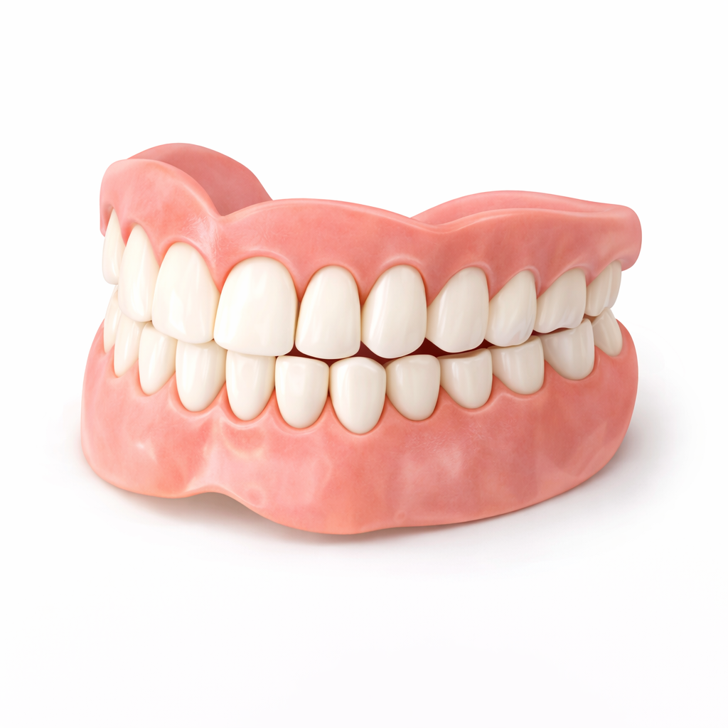 A set of human dentures with pink gums and white teeth on a white background.