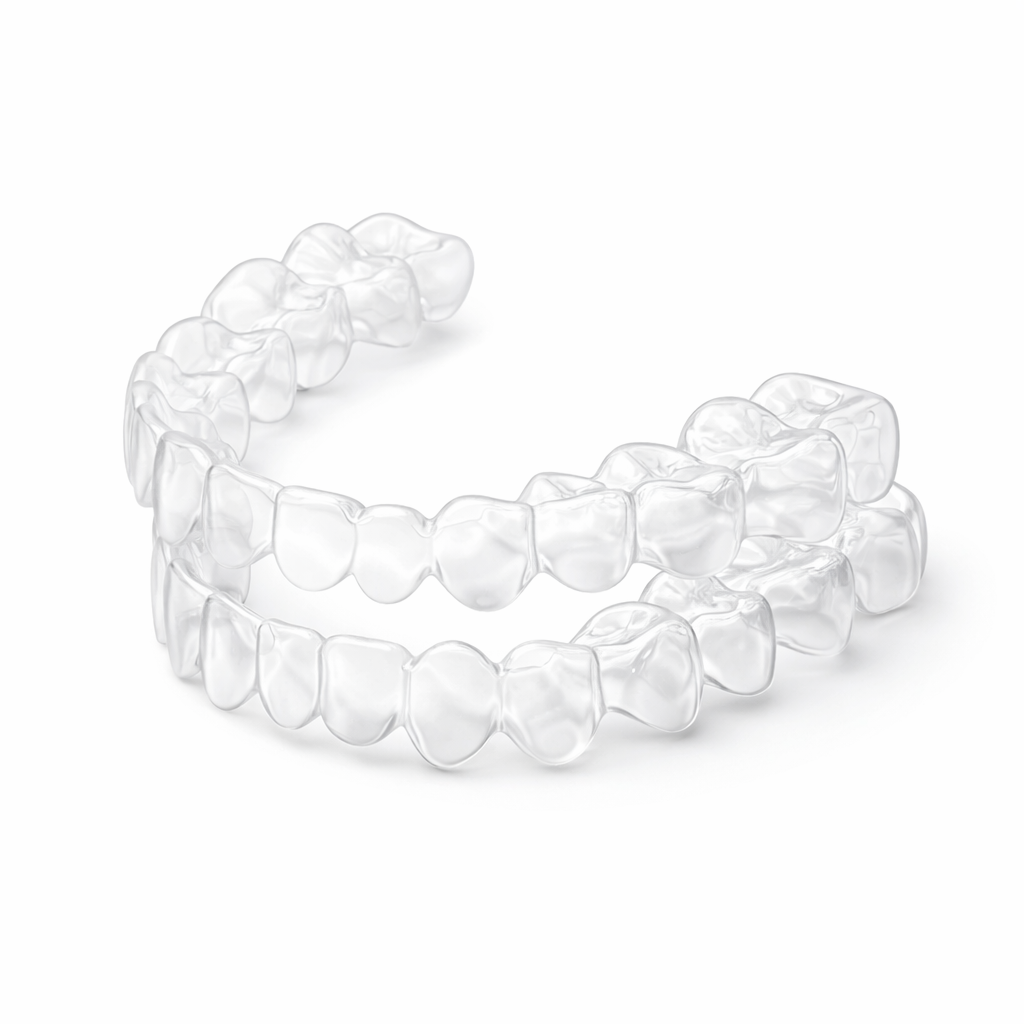 Clear plastic dental aligners on a white background.