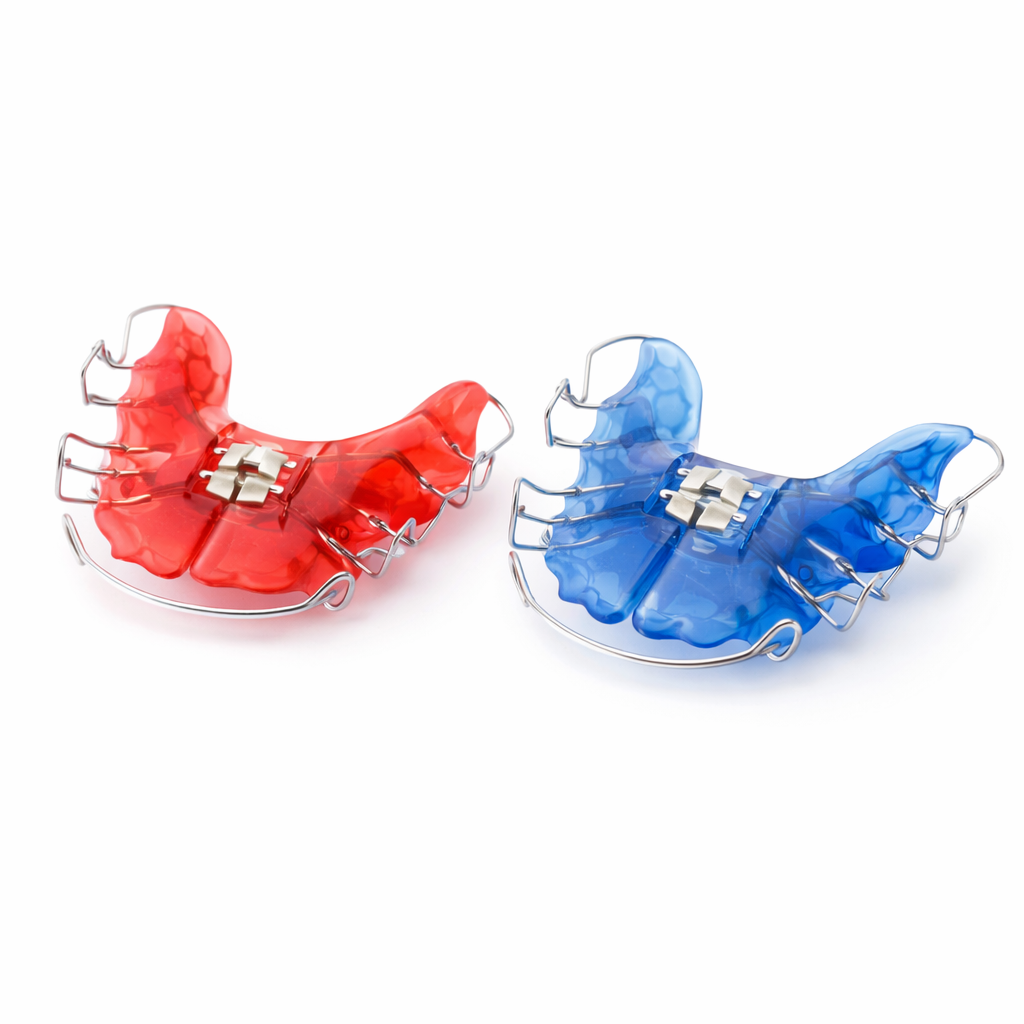 Two orthodontic retainers, one red and one blue, with metal wires and plastic bases.