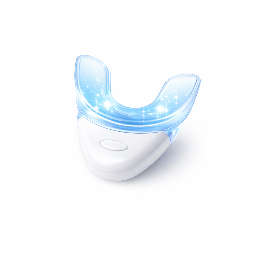 Electric teeth whitening device with a blue illuminated mouthpiece and white base on white background.