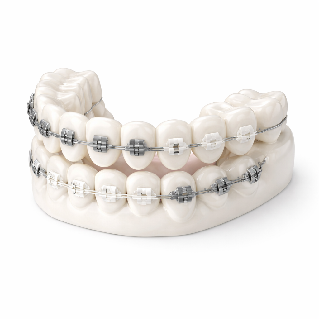 Model of human teeth with braces, showing upper and lower dental arches with orthodontic brackets and wires.