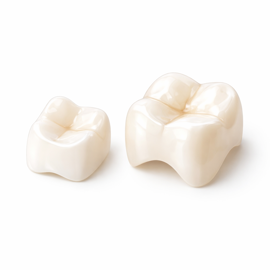 Two white dental crowns, one smaller and one larger, made of ceramic or porcelain, placed on a white background.