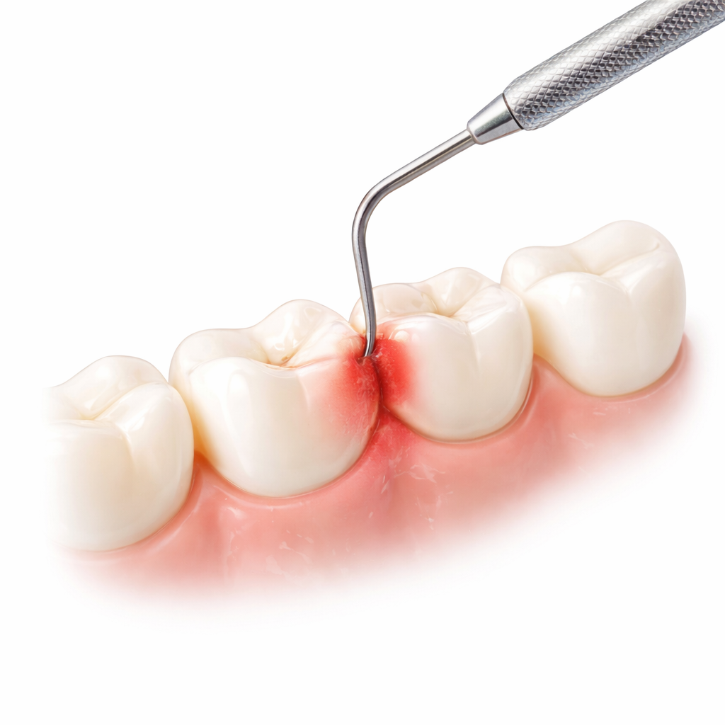 Close-up of a dental procedure on a molar with a dental scaler tool cleaning around the gum line, showing redness and inflammation.