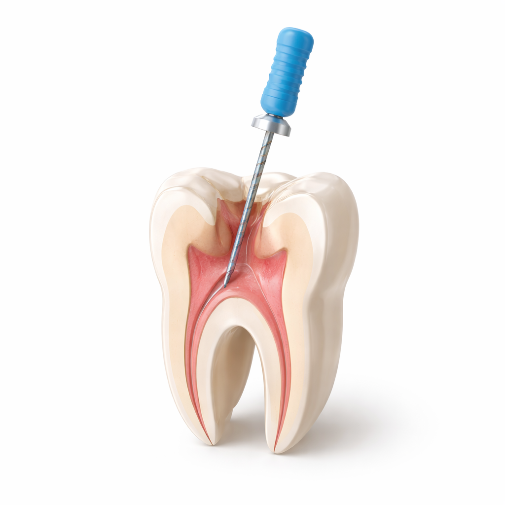 A dental model of a tooth with a dental file inserted into the root canal.