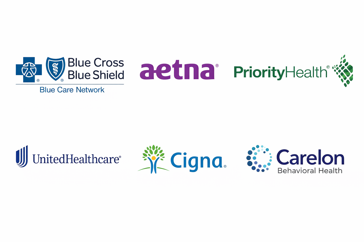 Logos of healthcare organizations including Blue Cross Blue Shield, Aetna, Priority Health, UnitedHealthcare, Cigna, and Carelon Behavioral Health.