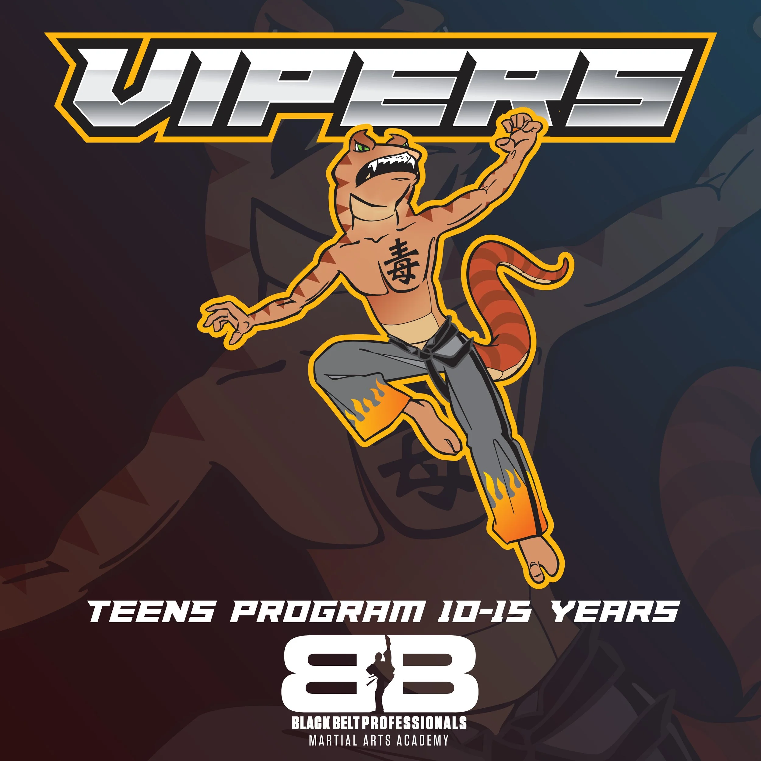 A cartoon viper in a martial arts uniform, performing a martial arts pose with its fist in their air in front of a logo for Black Belt Professionals Martial Arts Academy.