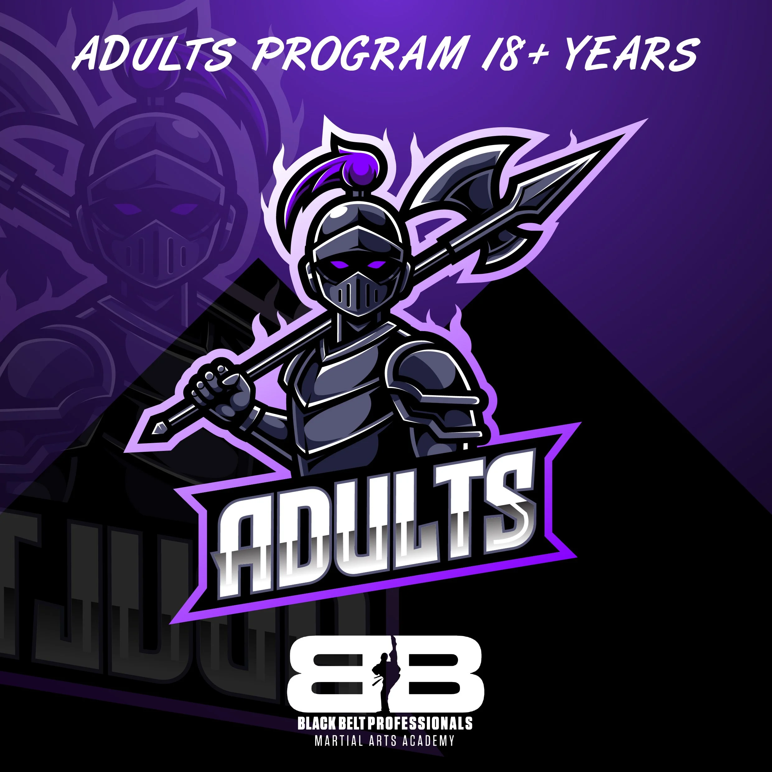 A promotional graphic for an adults martial arts program featuring a stylized warrior in armor holding a spear, with the text 'ADULTS PROGRAM 18+ YEARS' and the logo 'BLACK BELT PROFESSIONALS MARTIAL ARTS ACADEMY'.